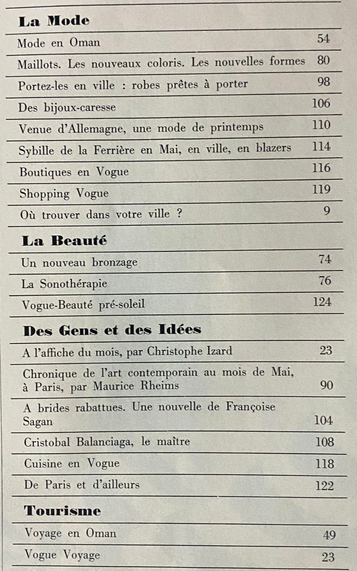 Vogue Paris Magazine May 1972 Charlotte Rampling Cover - Table of contents featuring fashion and beauty articles from that era.