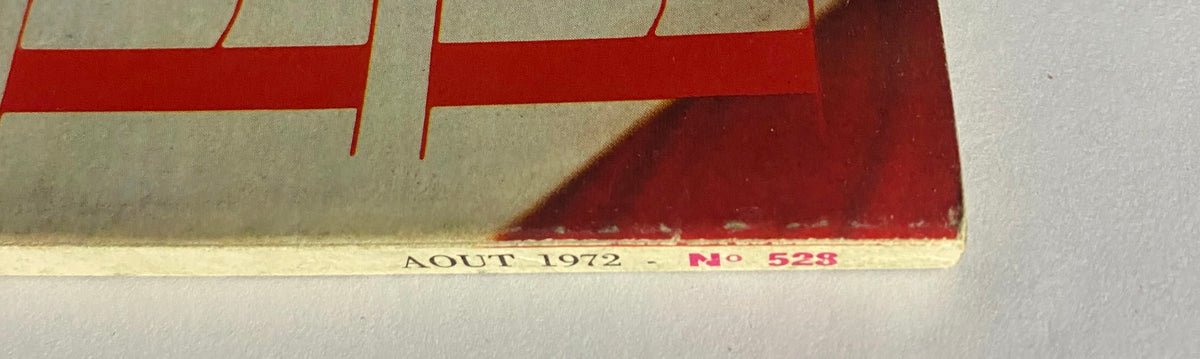 Close-up of the Vogue Paris Magazine August 1972 spine showing the month and issue number.