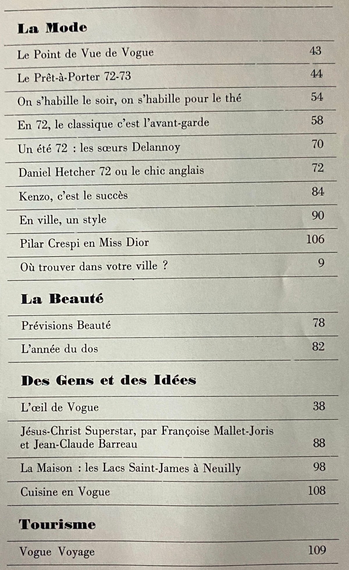 Contents page of Vogue Paris Magazine August 1972 listing articles on fashion and beauty.