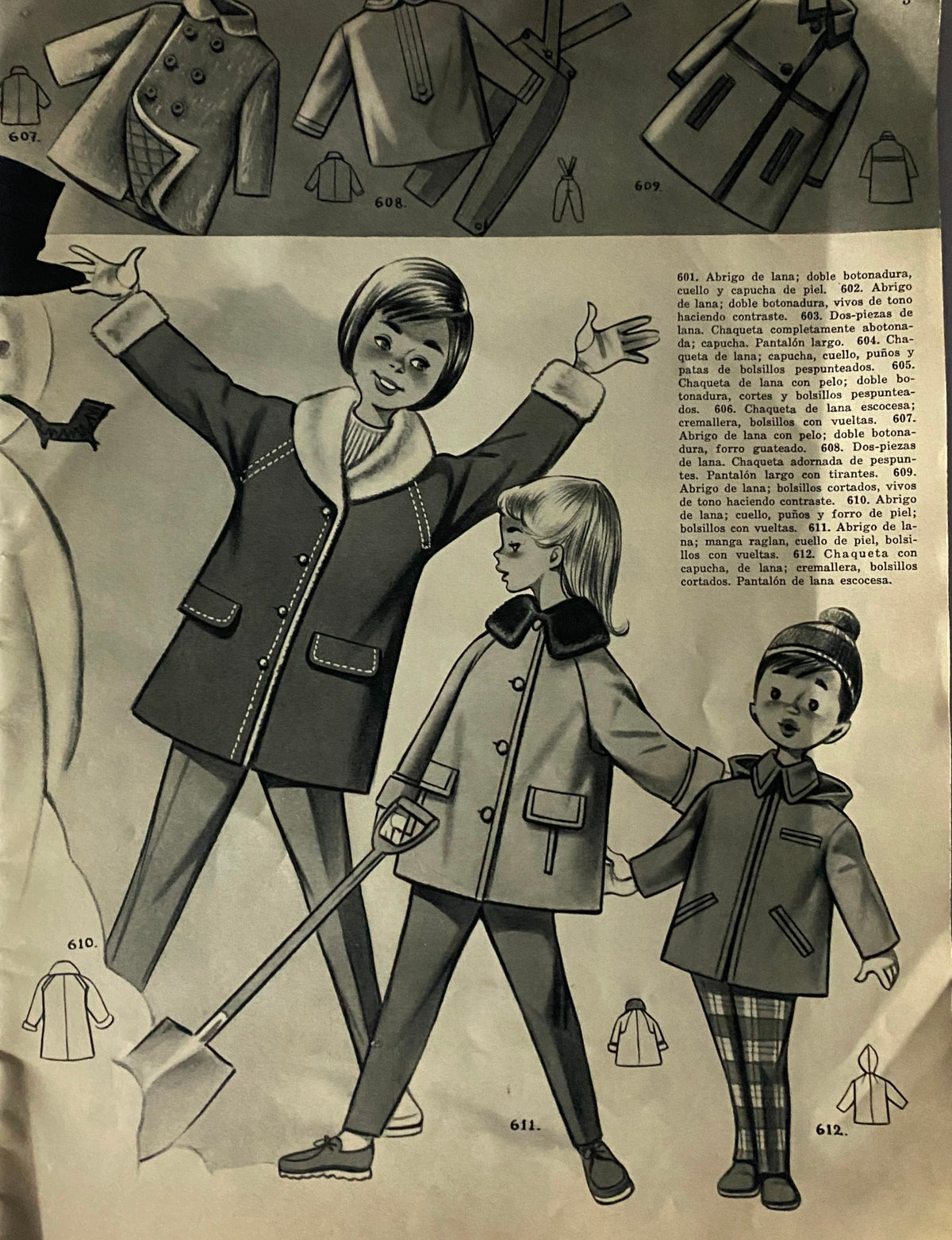 Illustration from Les Enfants No. 62 Hiver 1962 - 1963 Catalog displaying various children’s winter coats and styles, emphasizing 1960s fashion trends.