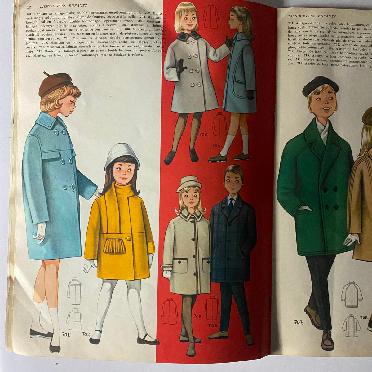 Page from Les Enfants No. 62 Hiver 1962 - 1963 Catalog depicting colorful children's outerwear and accessories, capturing the essence of 1960s children's fashion.