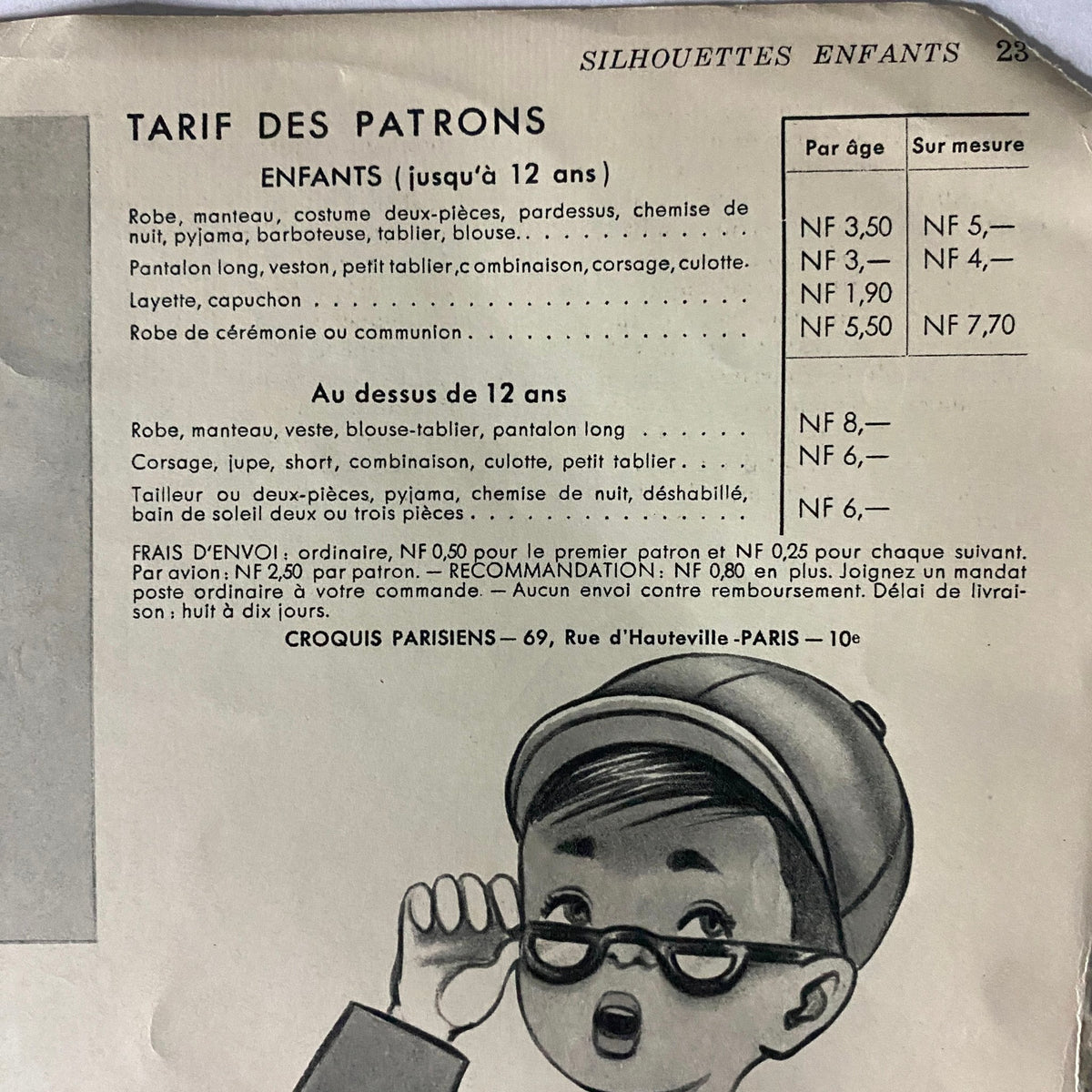 Page from the Les Enfants No. 62 Hiver 1962 - 1963 Catalog showing pricing for children's clothing patterns. Features descriptions of dresses, coats, and other garments for children up to 12 years old, along with a cartoonish illustration of a boy holding glasses.