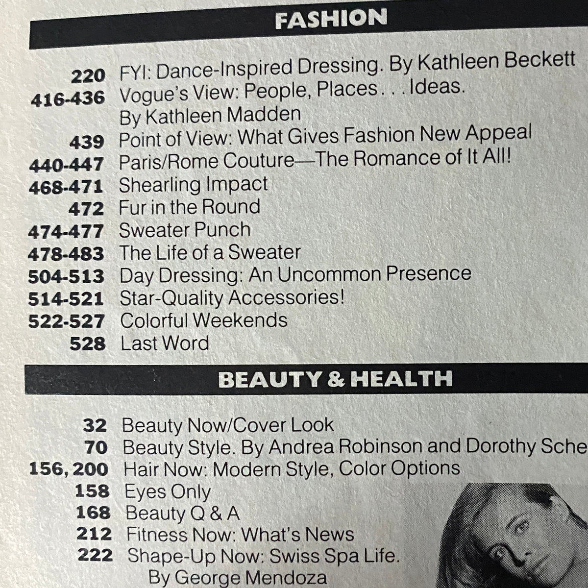 Fashion magazine content overview from Vogue Magazine October 1986 issue featuring Cindy Crawford cover, showcasing articles on dance-inspired dressing and Paris/Rome couture.