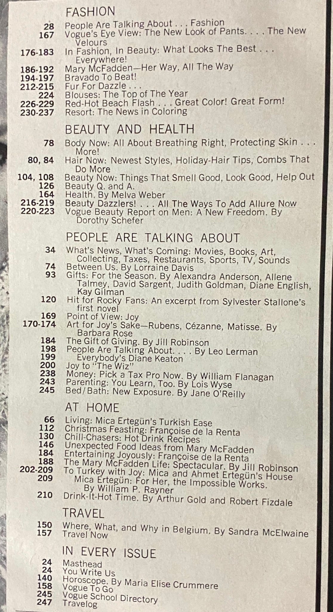 Table of contents from Vogue Magazine December 1977, detailing articles on fashion, beauty, and lifestyle trends of the 1970s, emphasizing the magazine's cultural significance.