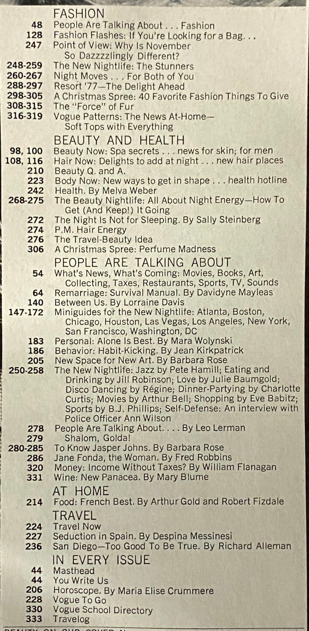 Table of contents from Vogue Magazine November 1977, detailing articles related to fashion, beauty, and lifestyle.