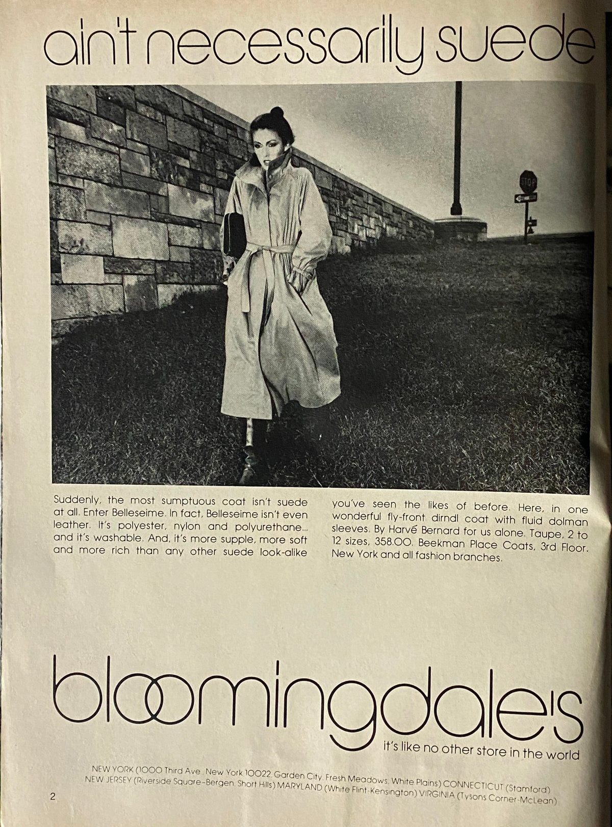 An article titled 'ain't necessarily suede' featuring a model in a stylish coat with a dramatic pose, highlighting contemporary fashion trends, featured in Vogue Magazine November 1977.
