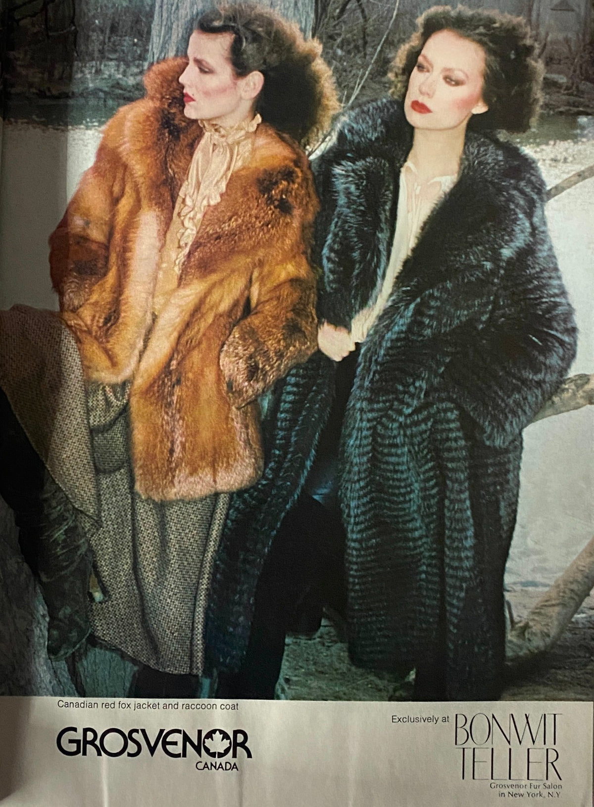 A fashion advertisement showcasing two models dressed in luxurious fur coats, emphasizing high-end style and elegance, featured in Vogue Magazine November 1977.