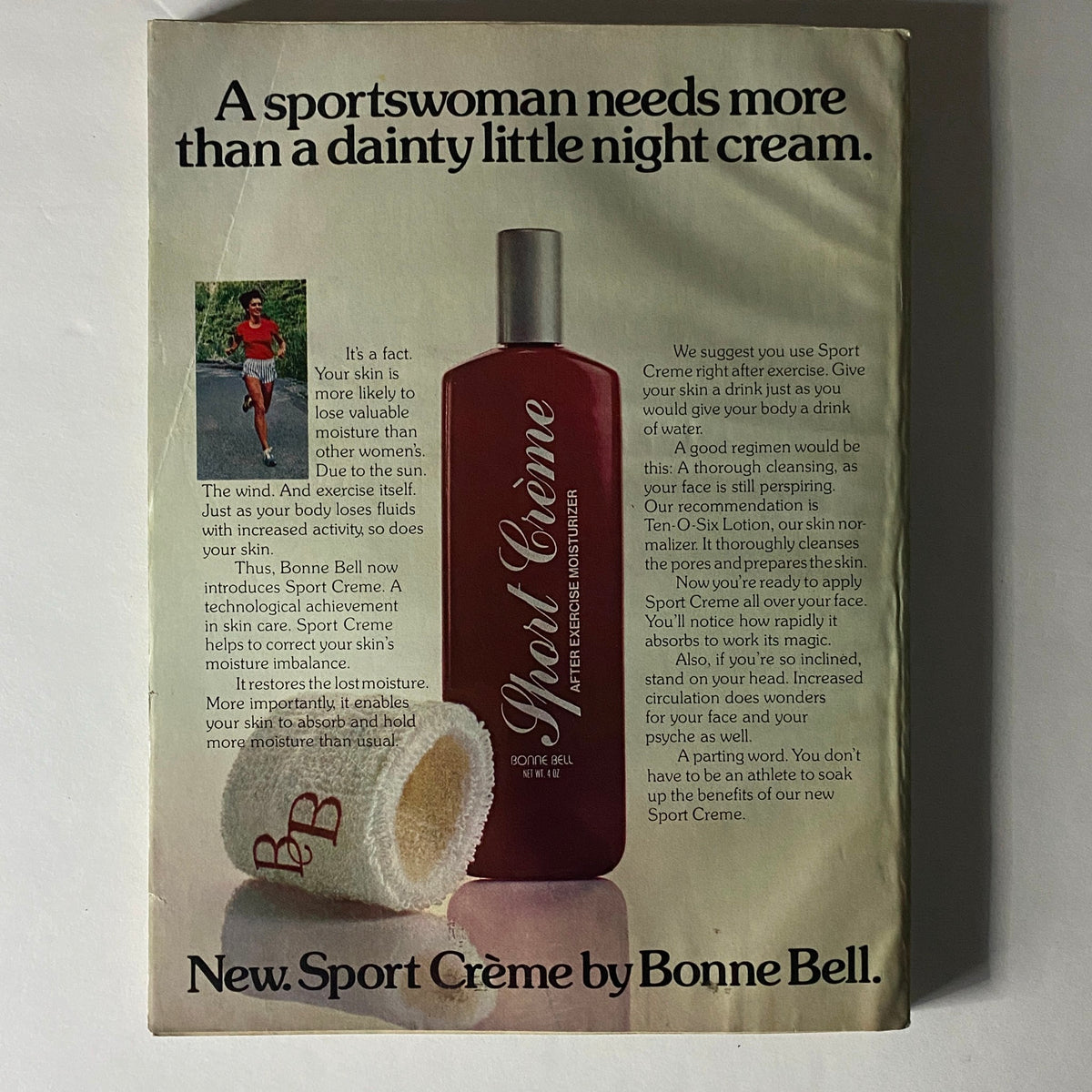An advertisement for Sport Crème by Bonne Bell, promoting a moisturizer designed for active women, alongside fitness advice, from Vogue Magazine November 1977.