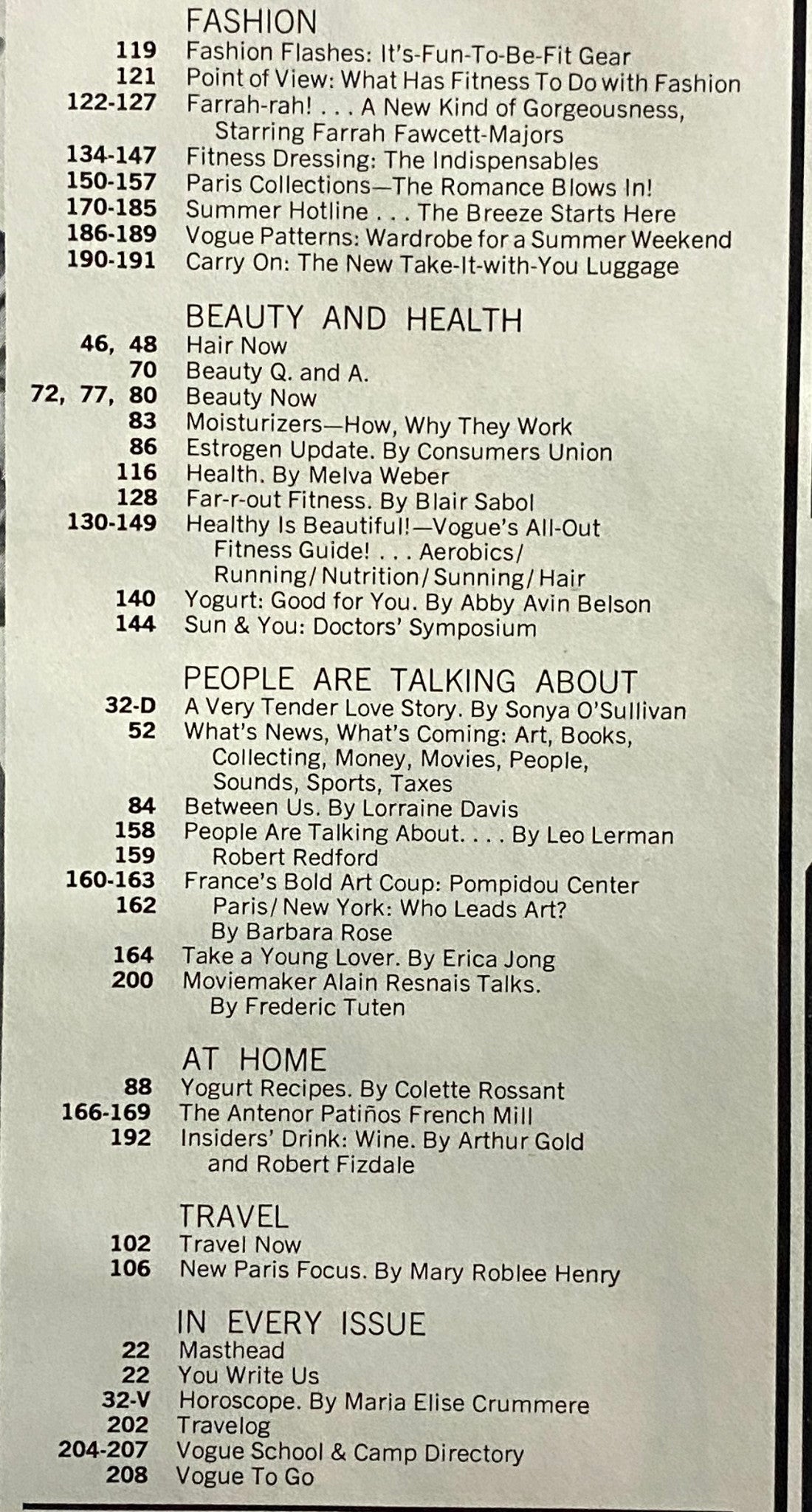 Table of contents from Vogue Magazine April 1977, detailing features on fitness, fashion, and health articles, including 'Healthy Is Beautiful!' and 'Farrah-rah! A New Kind of Gorgeousness'.