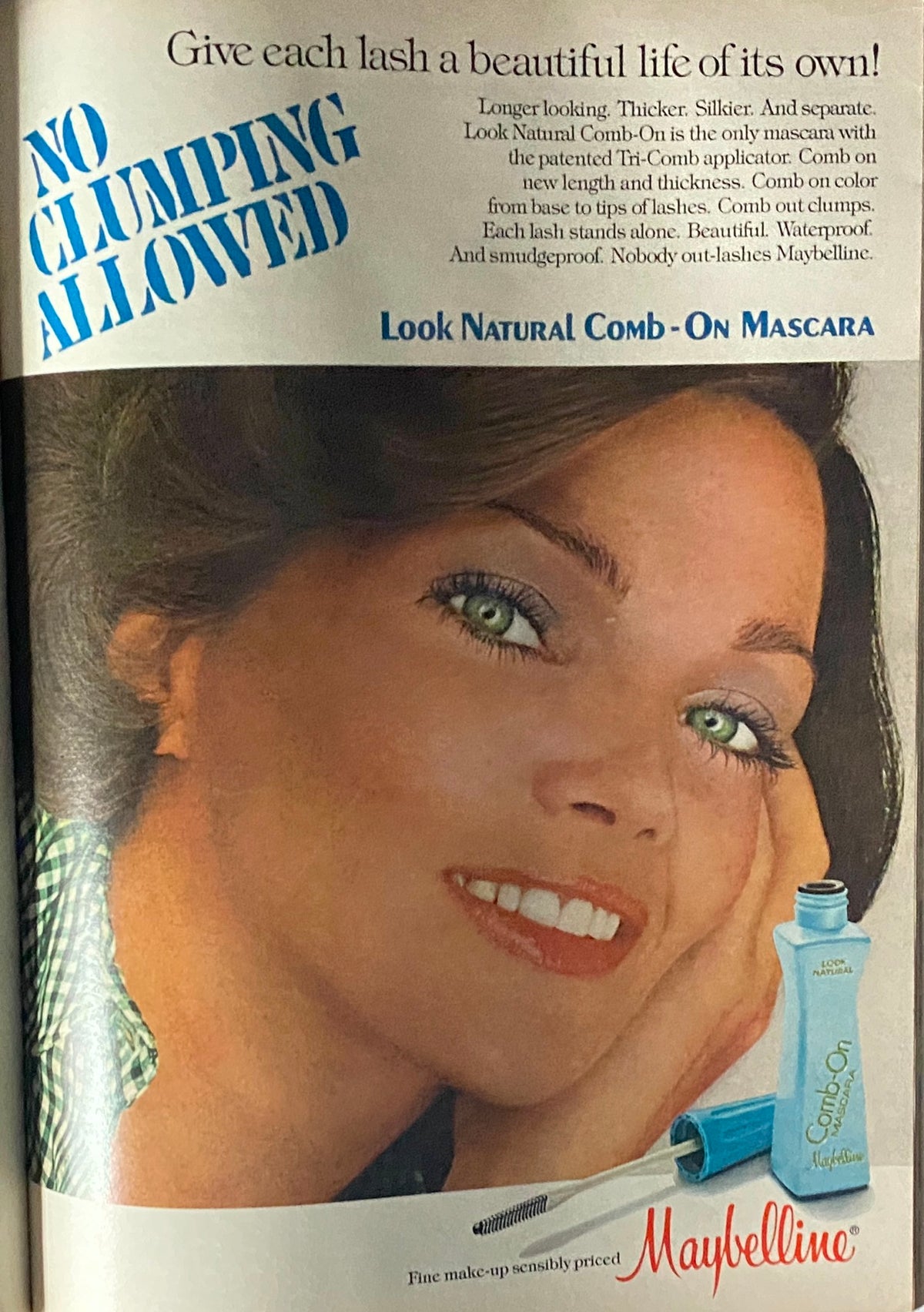 Vogue Magazine April 1977 Maybelline mascara advertisement featuring a model promoting Look Natural Comb-On Mascara with a focus on beautiful lashes.