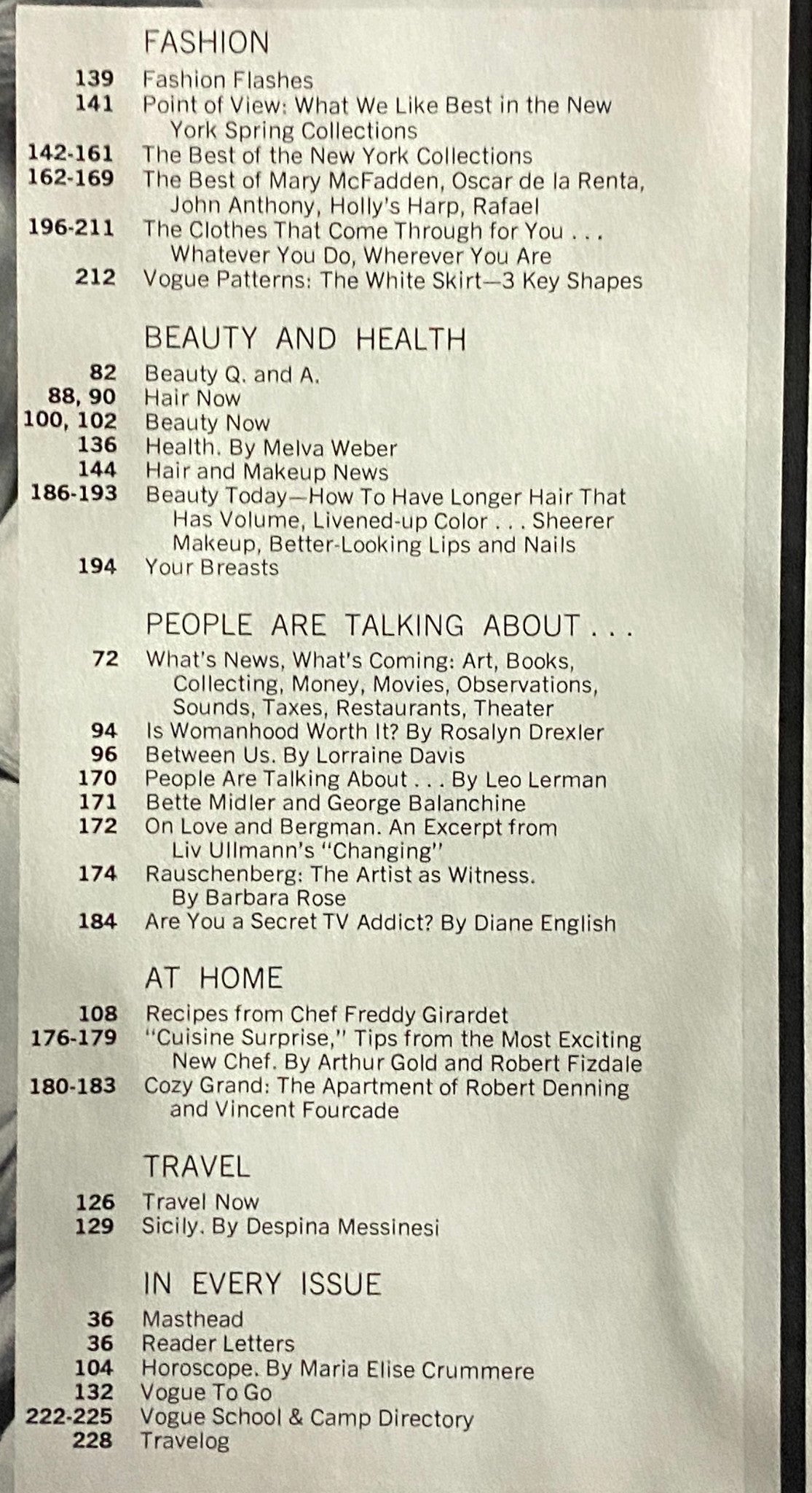 Vogue Magazine February 1977 table of contents highlighting major fashion and beauty features, including collections and tips from industry leaders.