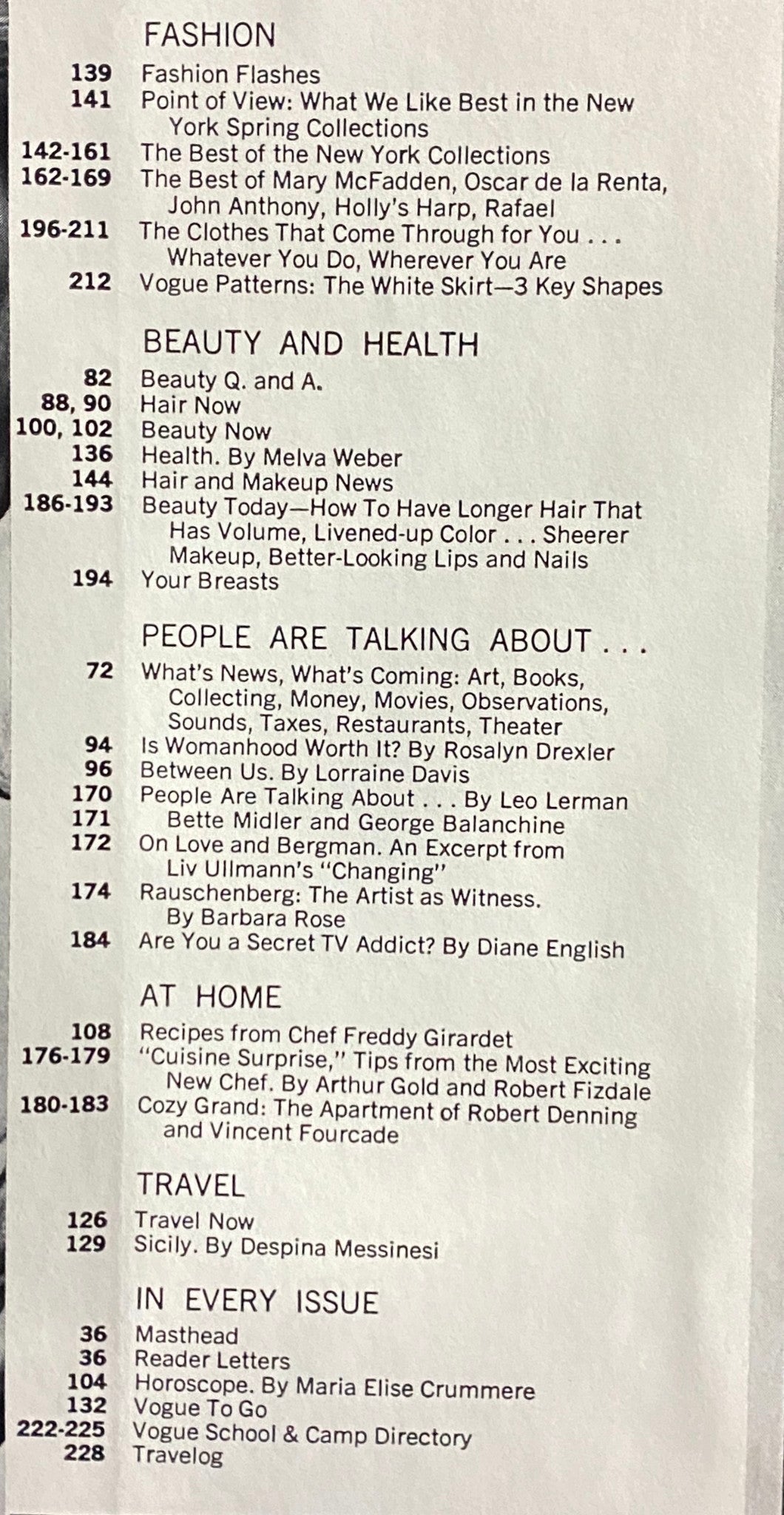Table of contents from Vogue Magazine February 1977, featuring articles on Fashion, Beauty, Health, and more.