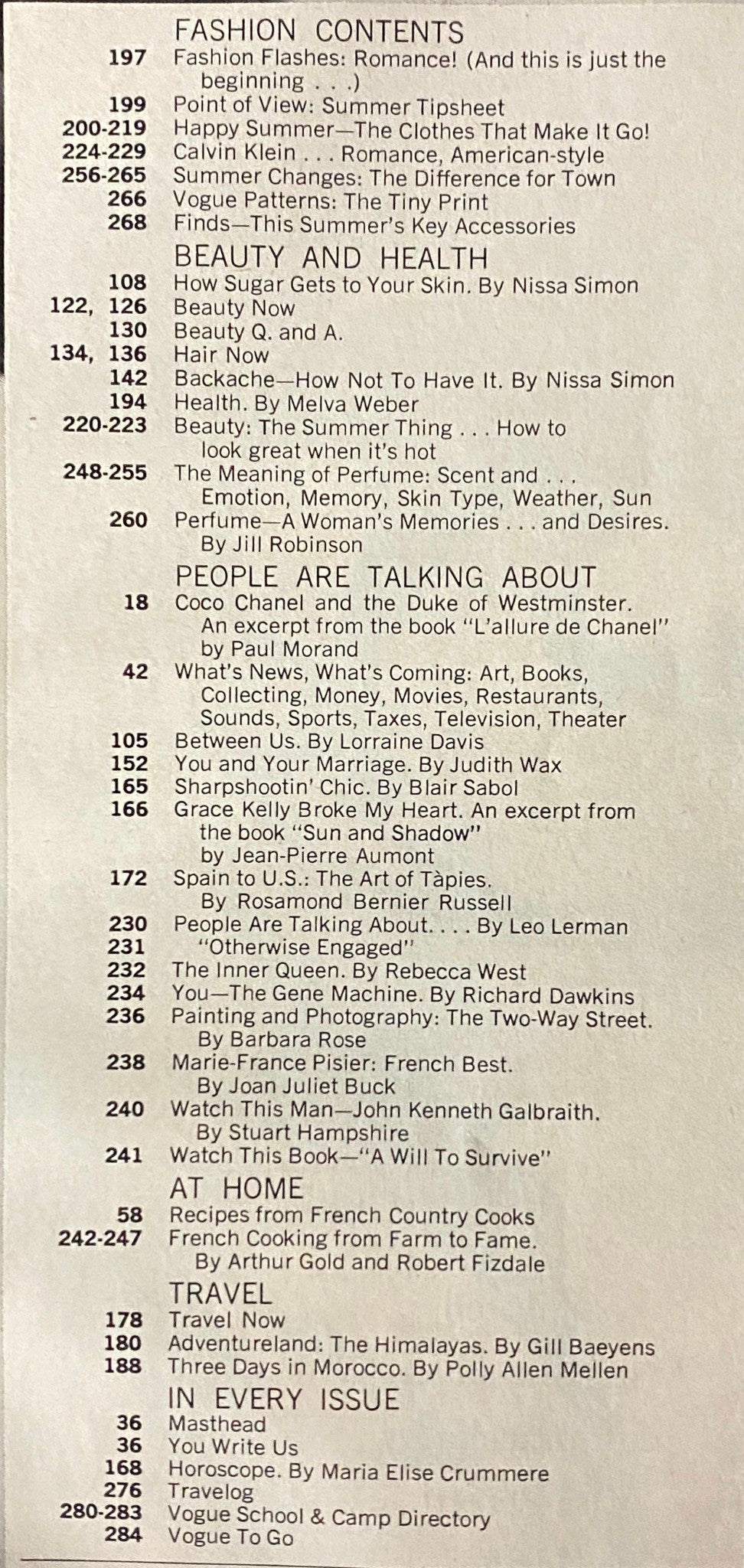 Fashion content page from Vogue Magazine May 1977 showing summer fashion tips and beauty articles, part of the Rosie Vela cover edition.