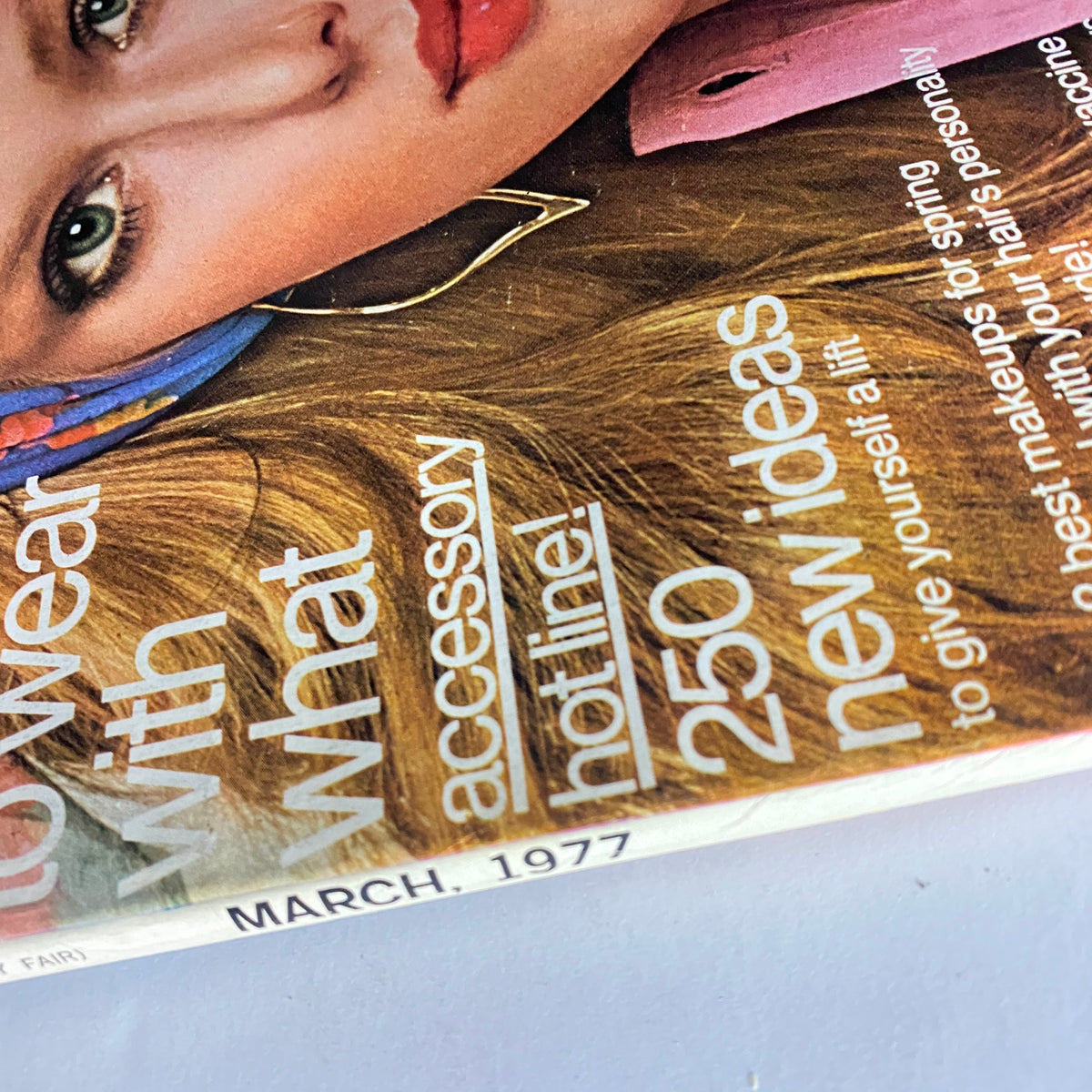 Close-up of the Vogue Magazine March 1977 cover showcasing Patti Hansen's beauty look and the issue's title.