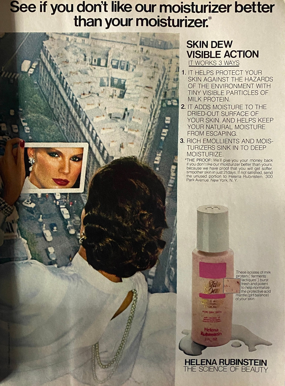 Advertisement from Vogue Magazine March 1977 highlighting a skin care product with a model reflected in a mirror.
