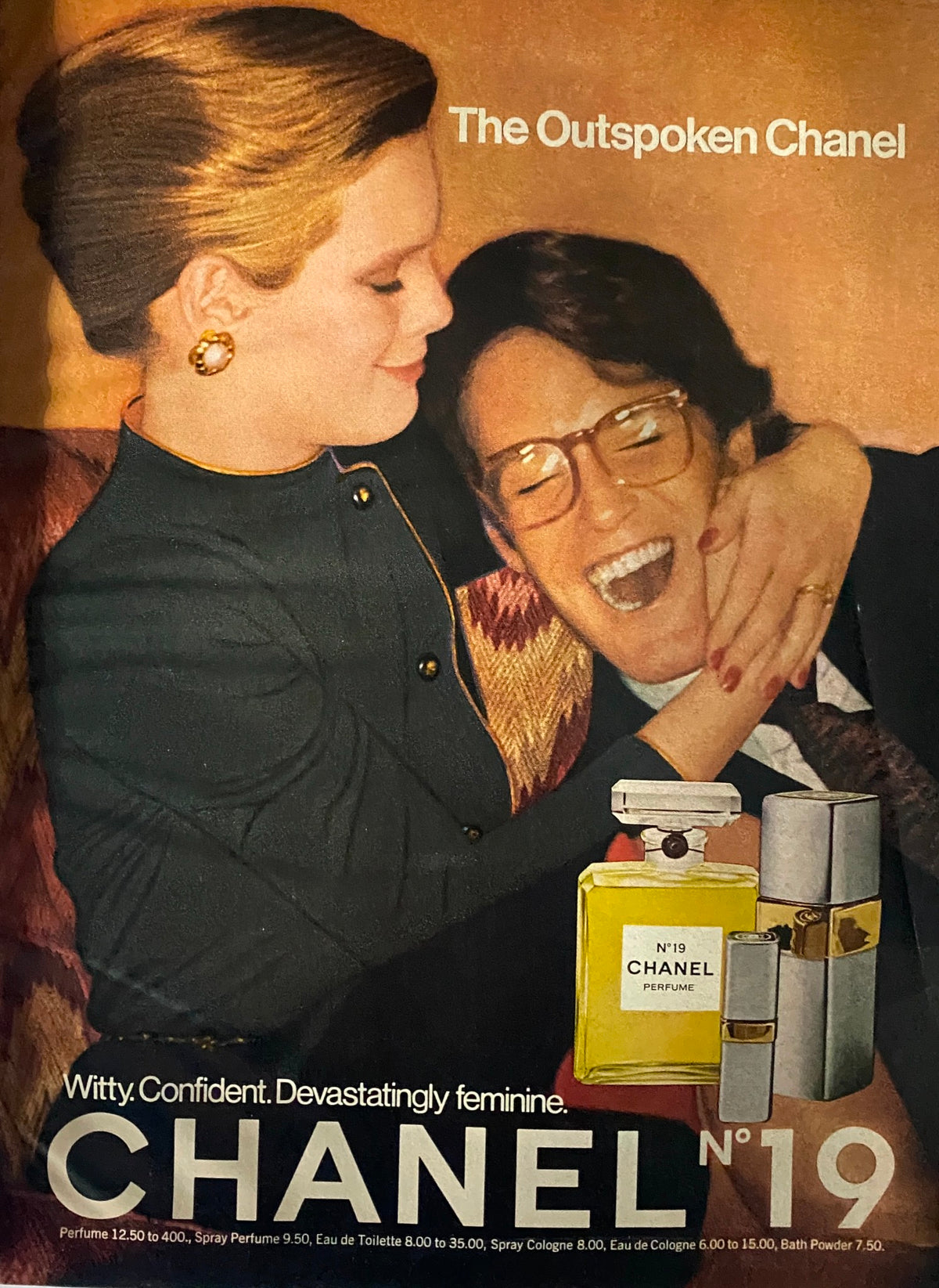 Chanel No. 19 advertisement in Vogue Magazine June 1977, featuring a fashionable model and the tagline 'Witty. Confident. Devastatingly feminine.' showing vintage perfume branding.