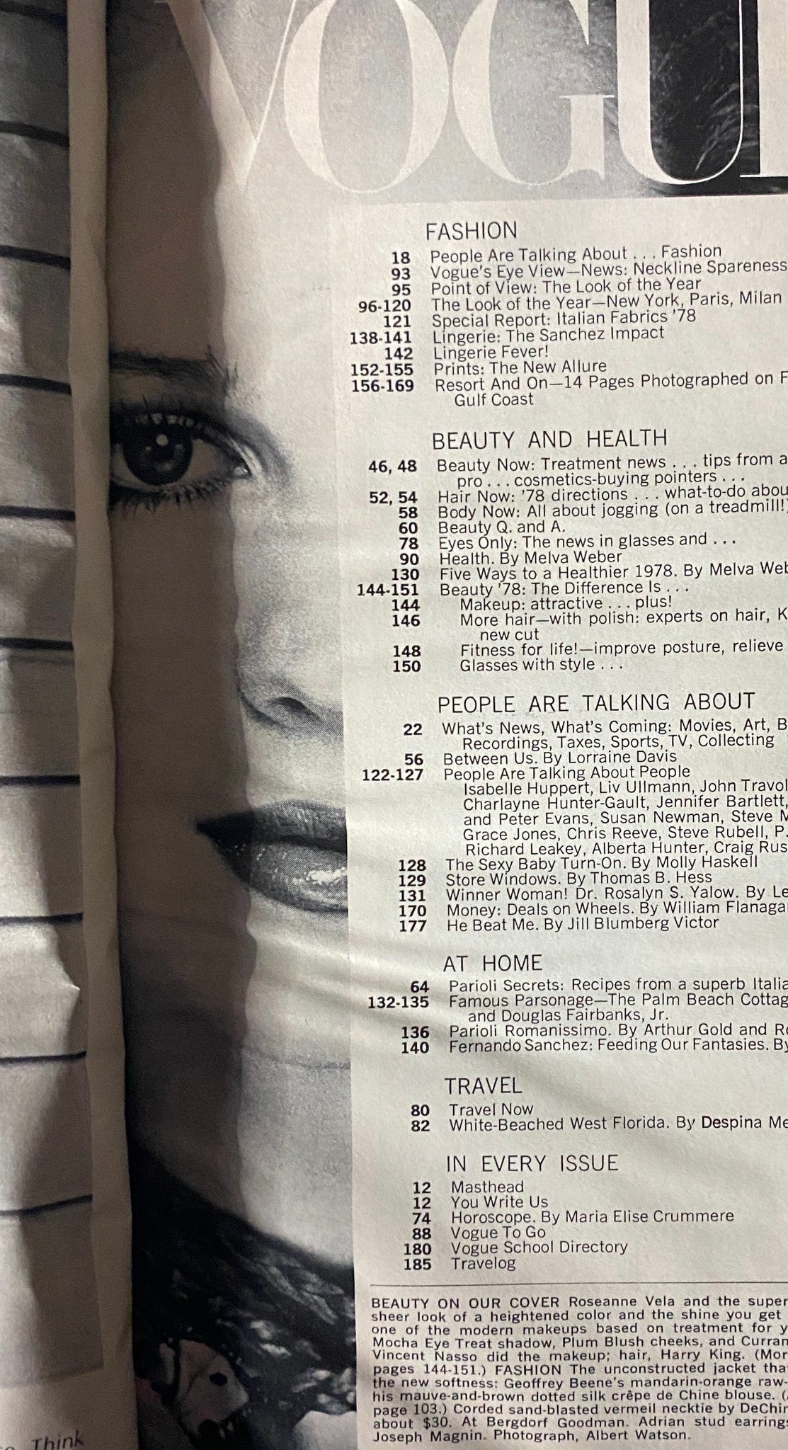 Table of contents page from Vogue Magazine January 1978 highlighting featured articles and topics including fashion insights and beauty.