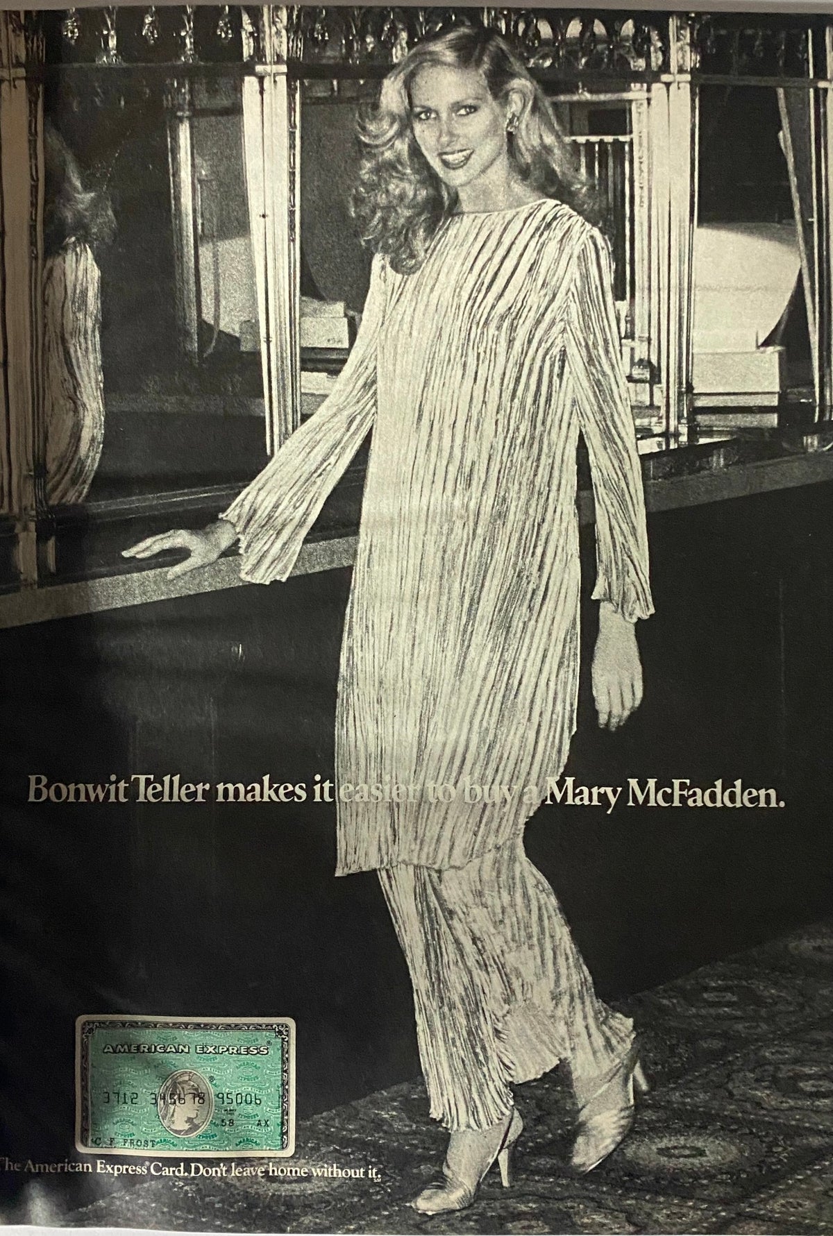 Vintage advertisement from Vogue Magazine January 1978 featuring a model in a stylish outfit, promoting Mary McFadden's fashion line.