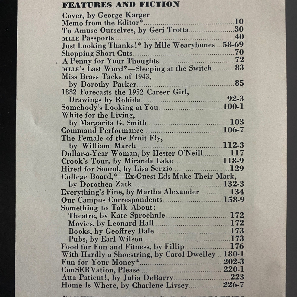 Features and fiction page from Mademoiselle Magazine May 1943, listing articles and contributions highlighting women's roles in the workforce during WWII.