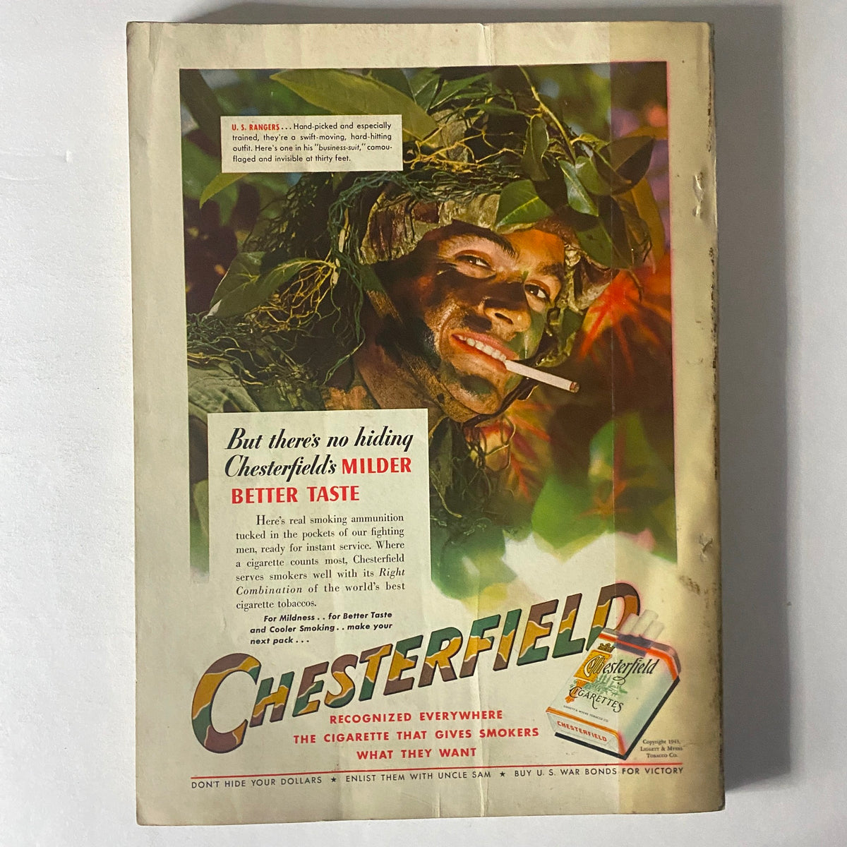 Chesterfield cigarette advertisement in Mademoiselle Magazine May 1943, illustrating wartime marketing and themes of better taste.
