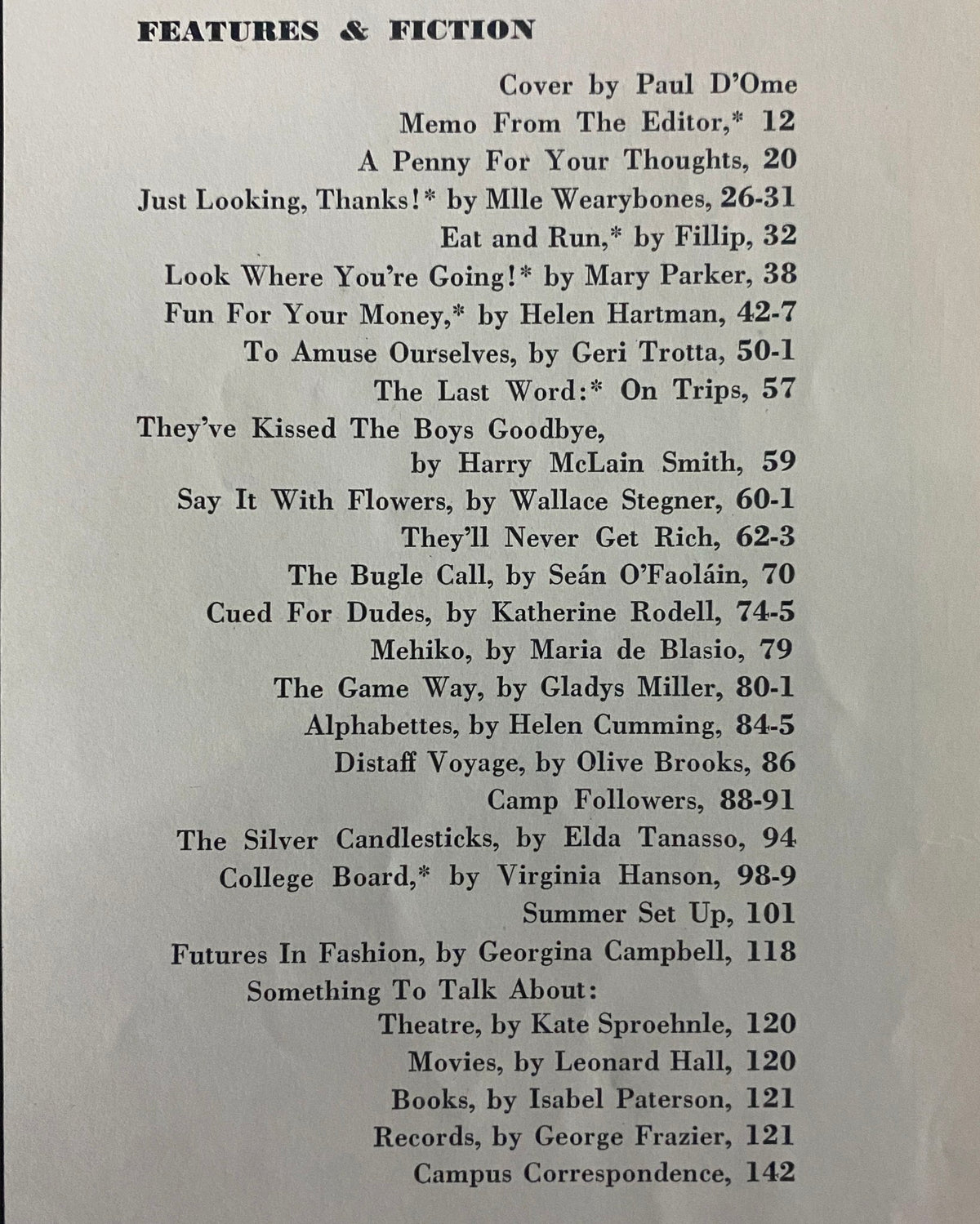 Table of contents from Mademoiselle Magazine June 1941 Vacation Special listing featured articles and stories including 'Eat and Run' and 'Futures In Fashion'.