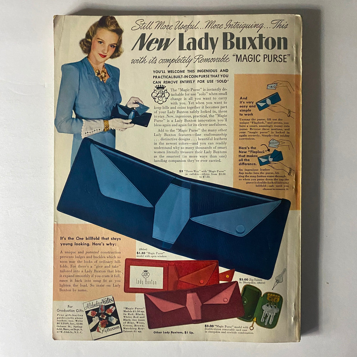 Mademoiselle Magazine June 1941 Vacation Special cover featuring a vintage advertisement for Lady Buxton's "Magic Purse," showcasing stylish women and innovative handbag designs.