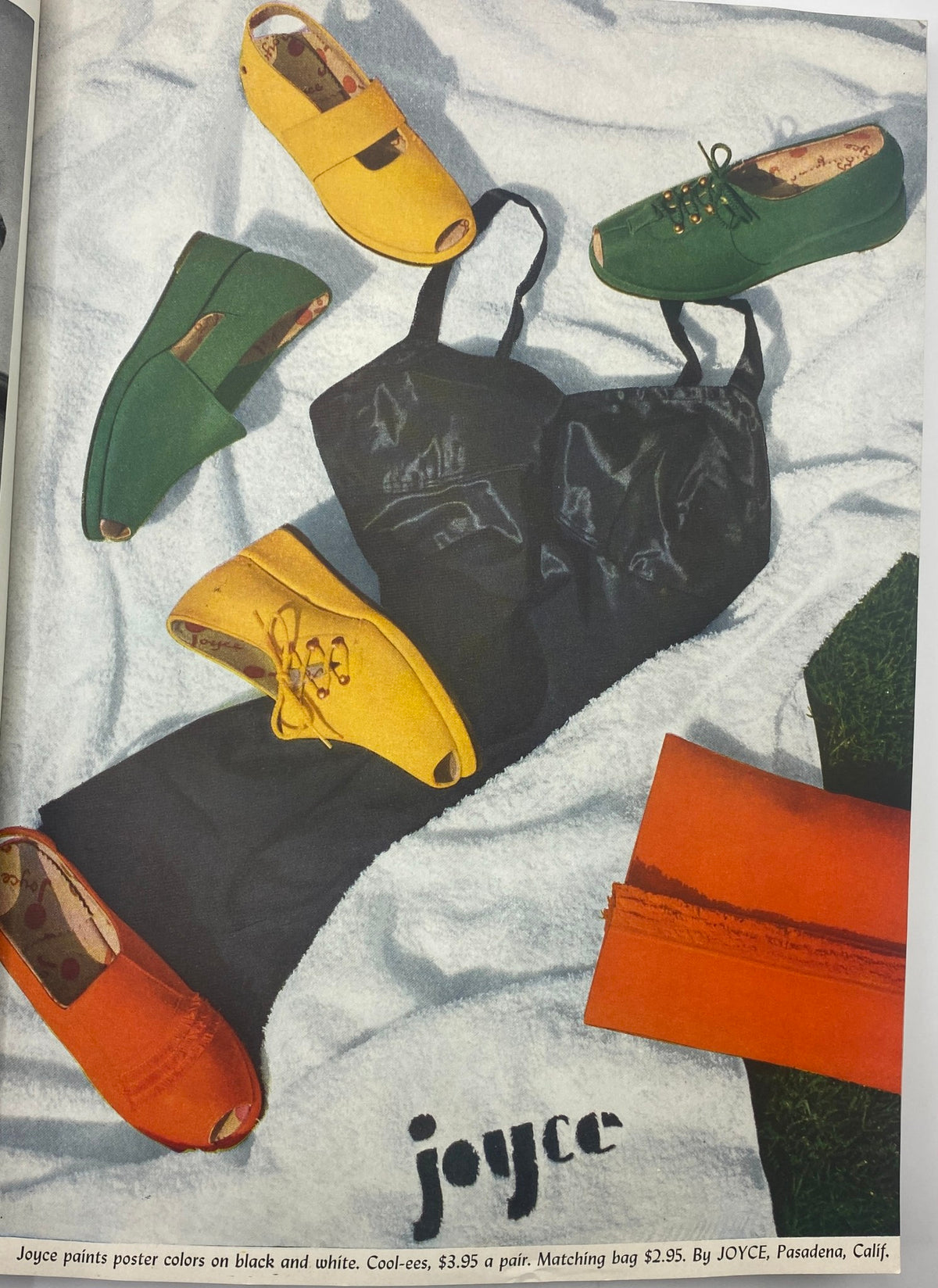 Mademoiselle Magazine May 1941 Career Number featuring colorful footwear advertisement by Joyce, displaying a variety of shoes on a white background, emphasizing summer styles.
