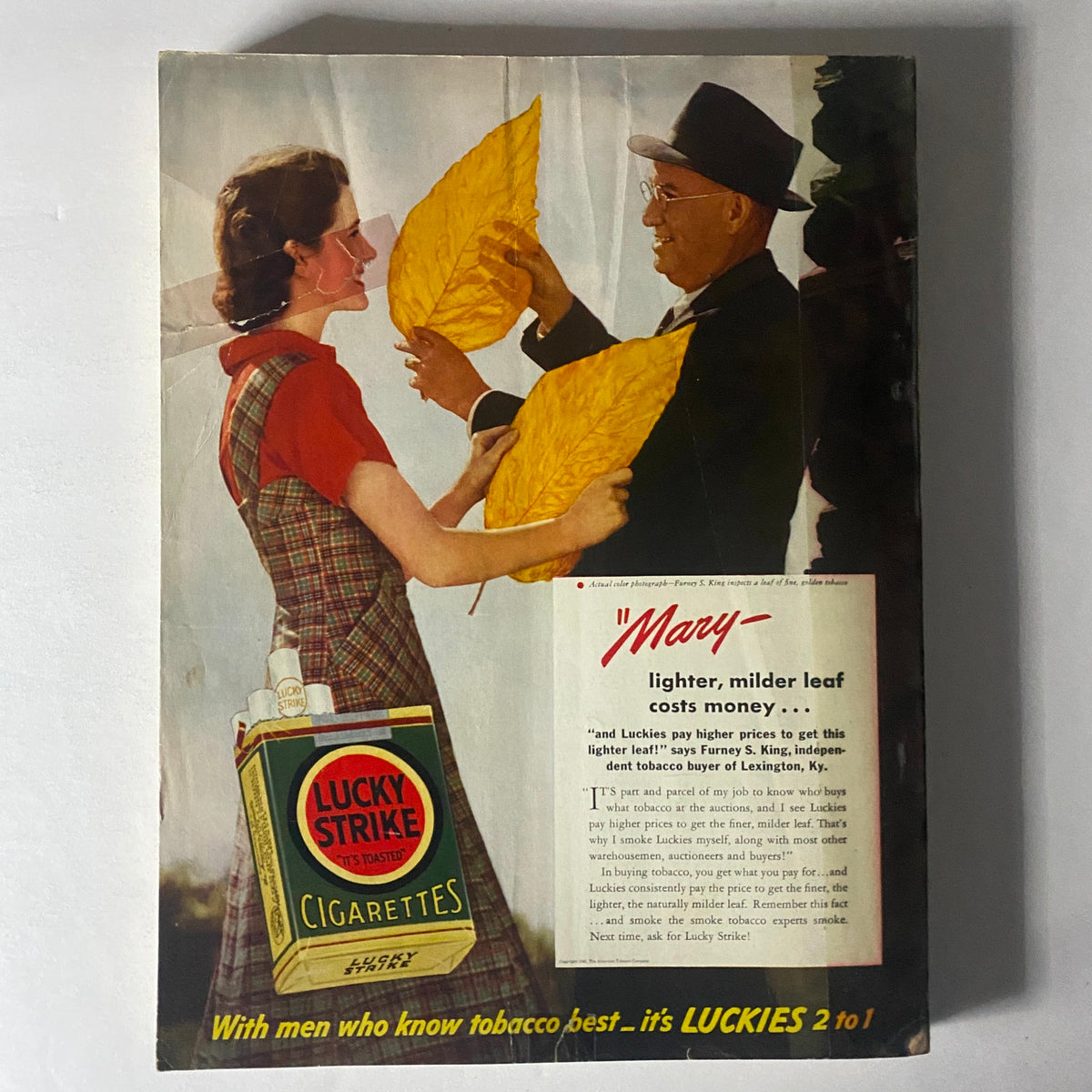 Mademoiselle Magazine May 1941 Career Number highlighting a vintage Lucky Strike advertisement, showcasing a engaging scene with a woman and a man holding large tobacco leaves.