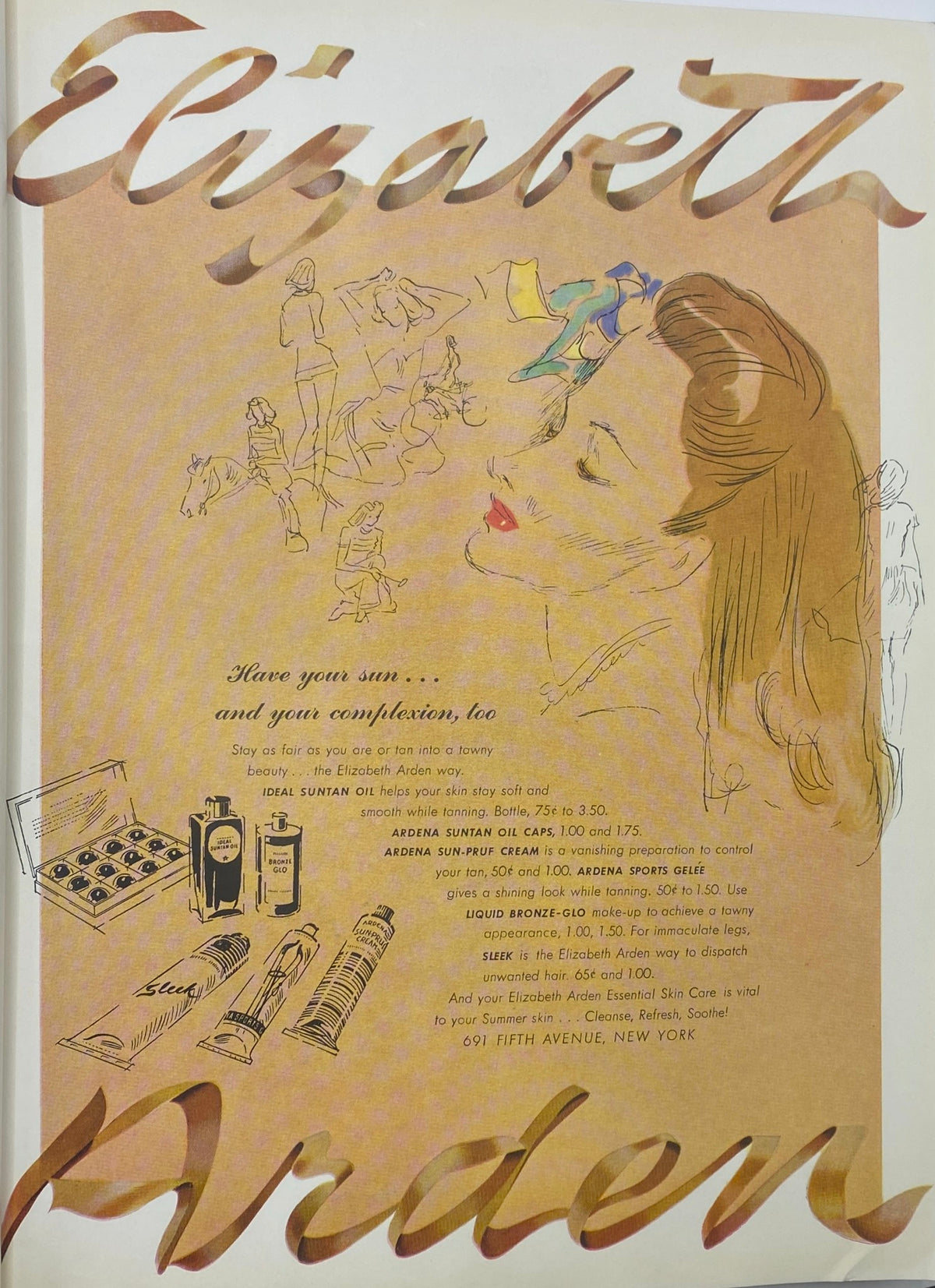 An advertisement for Elizabeth Arden skincare products, featured in Mademoiselle Magazine July 1941 Summer Beauty Issue, promoting sun protection and beauty essentials.