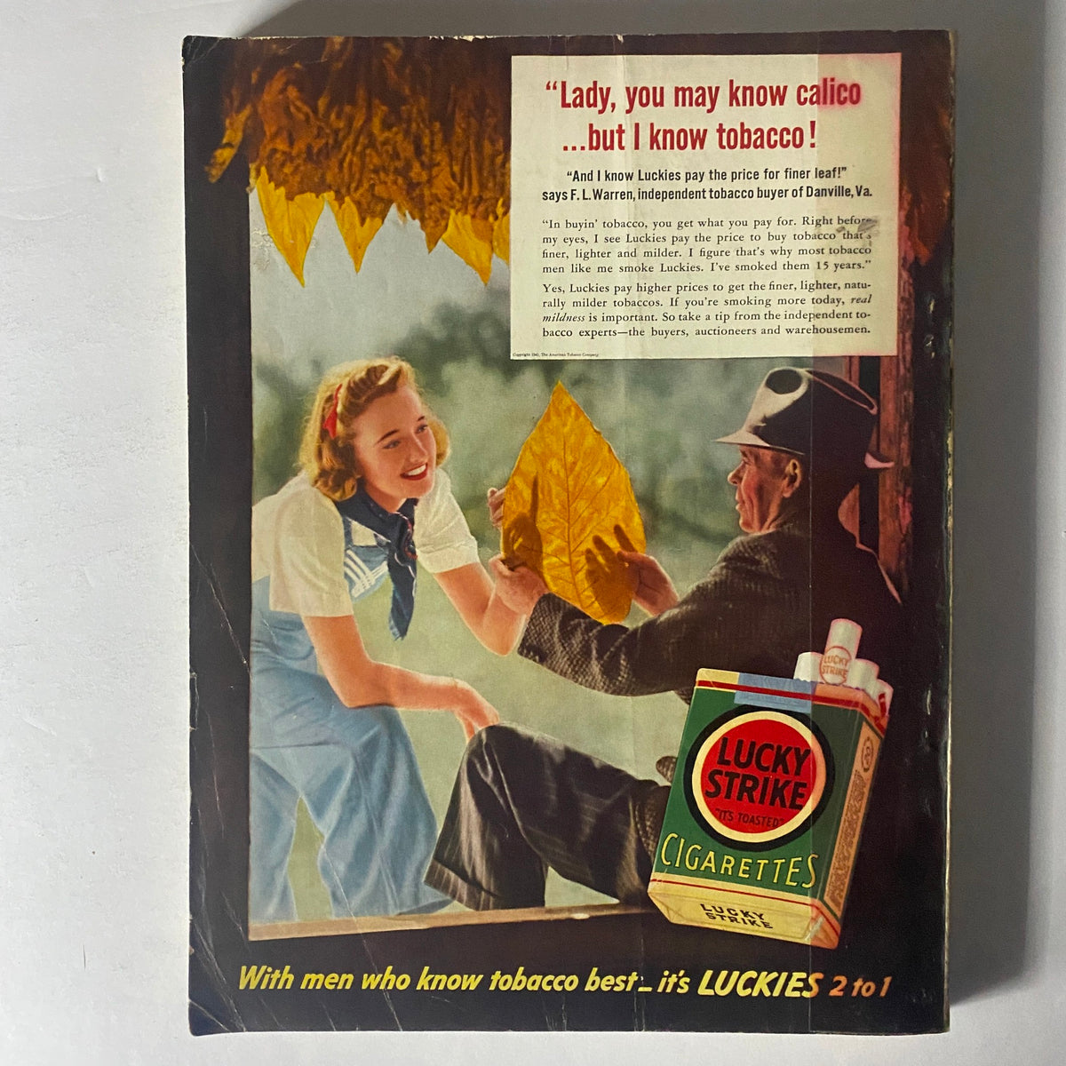 Mademoiselle Magazine March 1941 back cover featuring a vintage Lucky Strike advertisement with a young woman and a tobacco farmer, illustrating 1940s advertising styles.