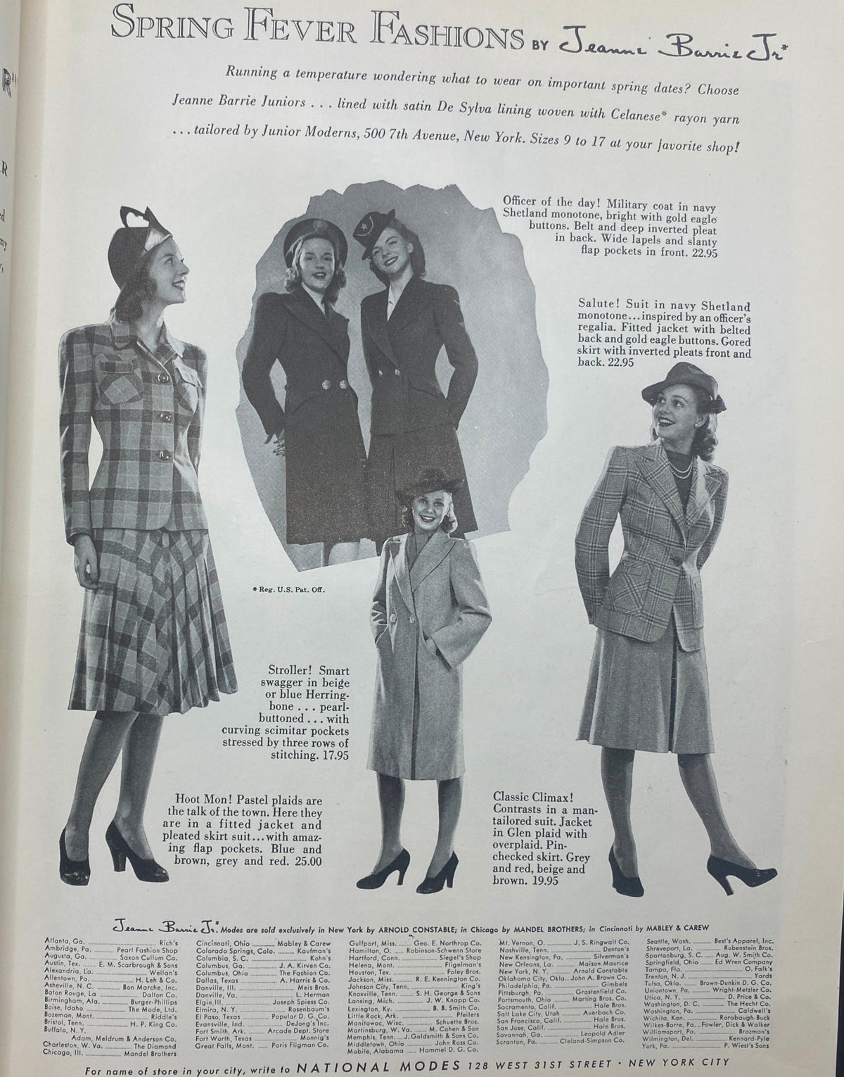 Fashion advertisement from Mademoiselle Magazine, February 1941, presenting Spring Fever fashions designed by Jeanne Barrie Jr., highlighting elegant outfits and accessories.