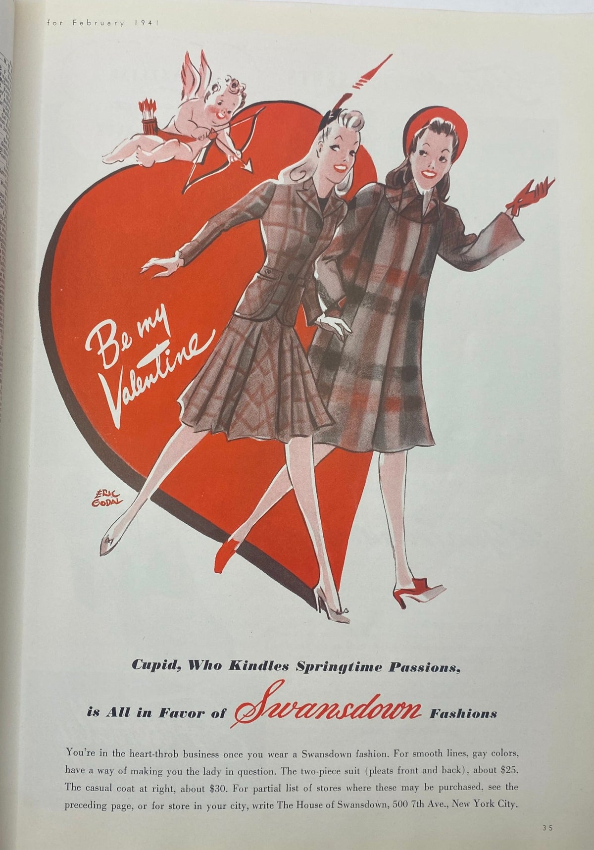 Illustration in Mademoiselle Magazine, February 1941, displaying trendy plaid fashions with a Valentine's Day theme, promoting Swansdown fashions.