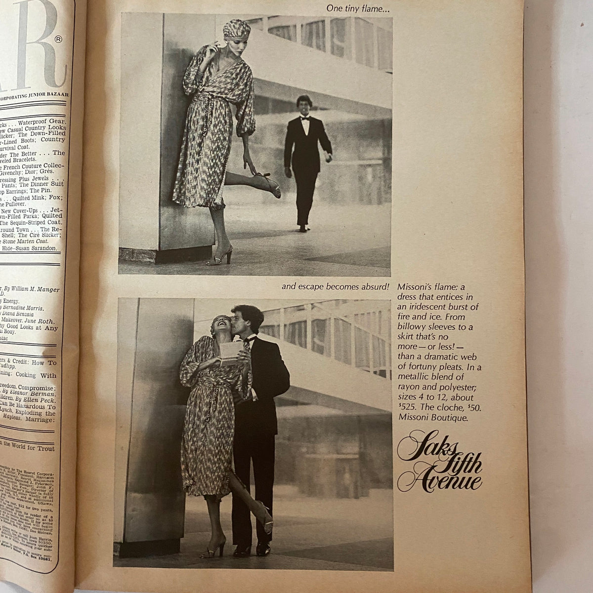Fashion advertisement in Harper's Bazaar Magazine October 1978 showcasing Stylish outfits from Missoni and Saks Fifth Avenue with a playful narrative.