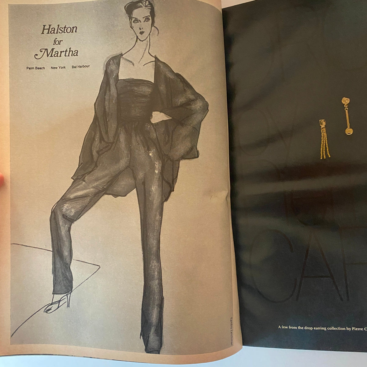 Illustration for Halston featured in Harper's Bazaar Magazine October 1978 presenting a glamorous outfit idea for Martha.