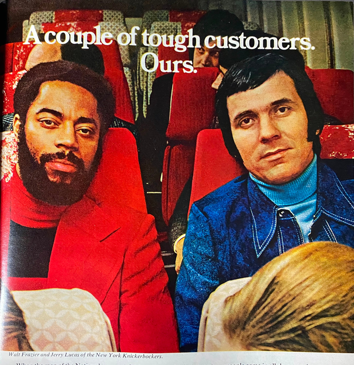 Page from Esquire Magazine April 1973 featuring an image of Walt Frazier and Jerry Lucas, two basketball stars, with a focus on their 70s fashion.