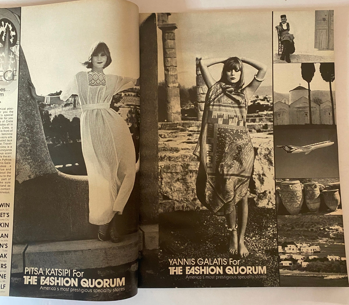 Fashion editorial spread from Vogue Magazine April 1976 featuring models styled in Greek locations, showcasing summer fashion trends.