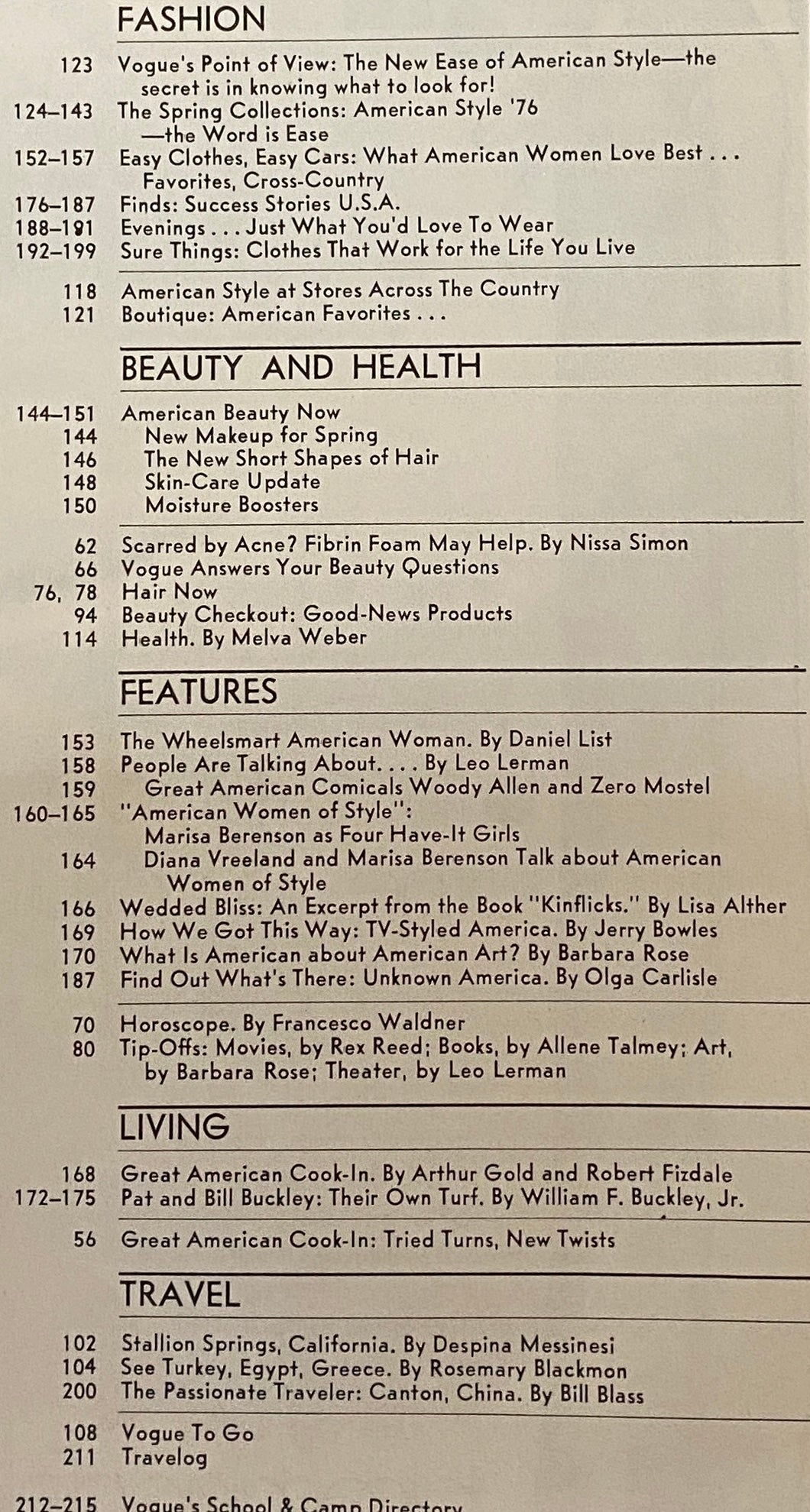 Table of contents from Vogue Magazine February 1976 showcasing articles on fashion, beauty, health, and lifestyle trends.