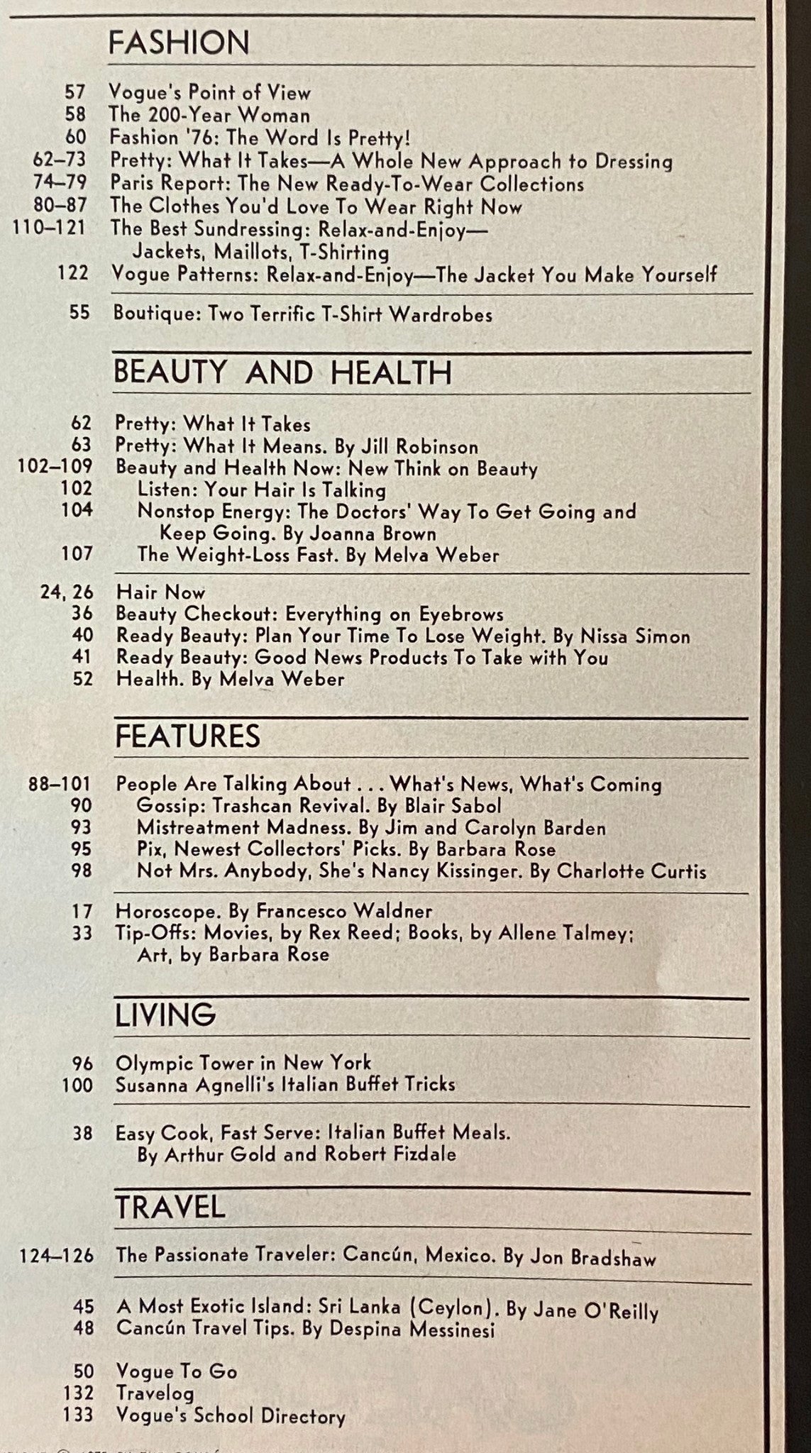 Table of contents from Vogue Magazine January 1976 featuring articles on fashion, beauty, and lifestyle, showcasing the issue's rich content related to the 1970s fashion scene, with a focus on trends, health tips, and features relevant to that era.
