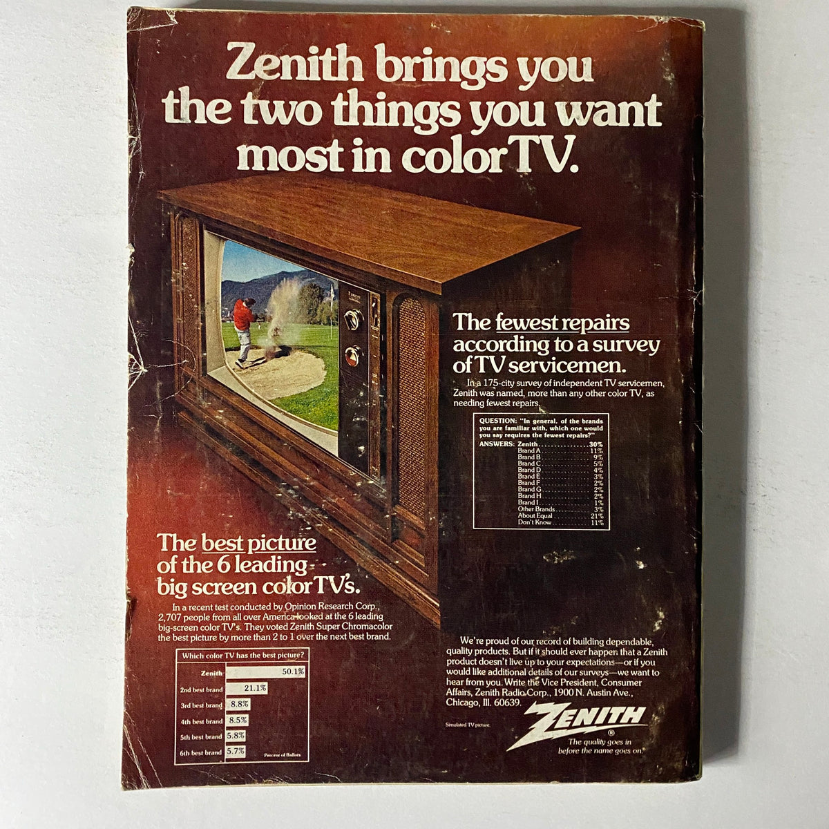 Esquire Magazine May 1973 with an advertisement for Zenith, highlighting features of a color TV and its reliability.