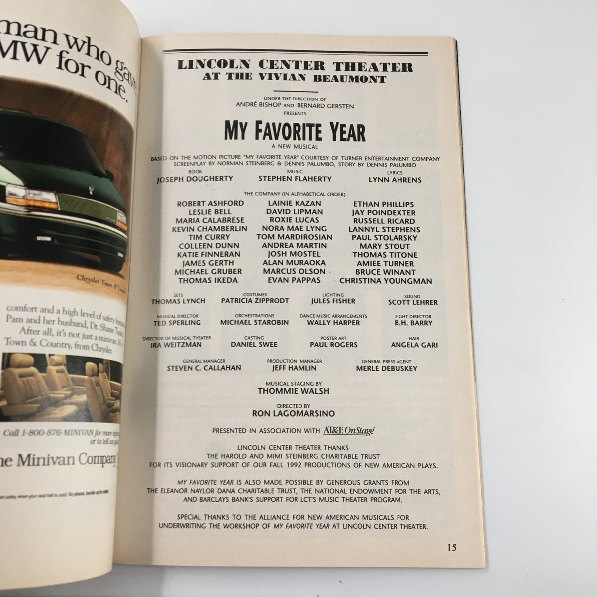 Inside page of the 1992 Playbill for My Favorite Year at Lincoln Center Theater, showcasing the cast and production details.
