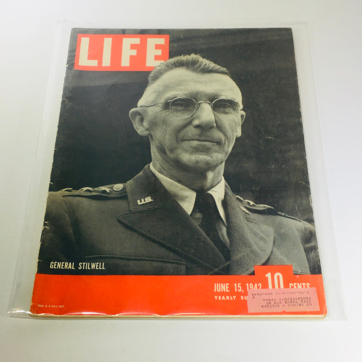 Vintage Life Magazine cover featuring General Stilwell, June 15, 1942 - General Stilwell Yearly Subscription. The magazine showcases a historical figure from World War II with bold red lettering and a classic design.