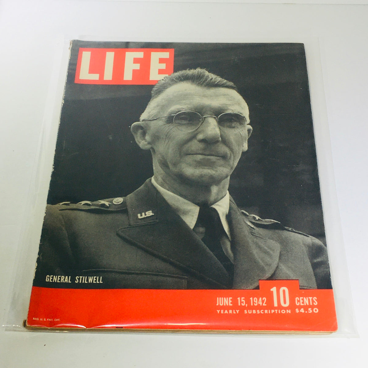 Vintage Life Magazine featuring General Stilwell on the cover, dated June 15, 1942, showcasing historical imagery and subscription details.