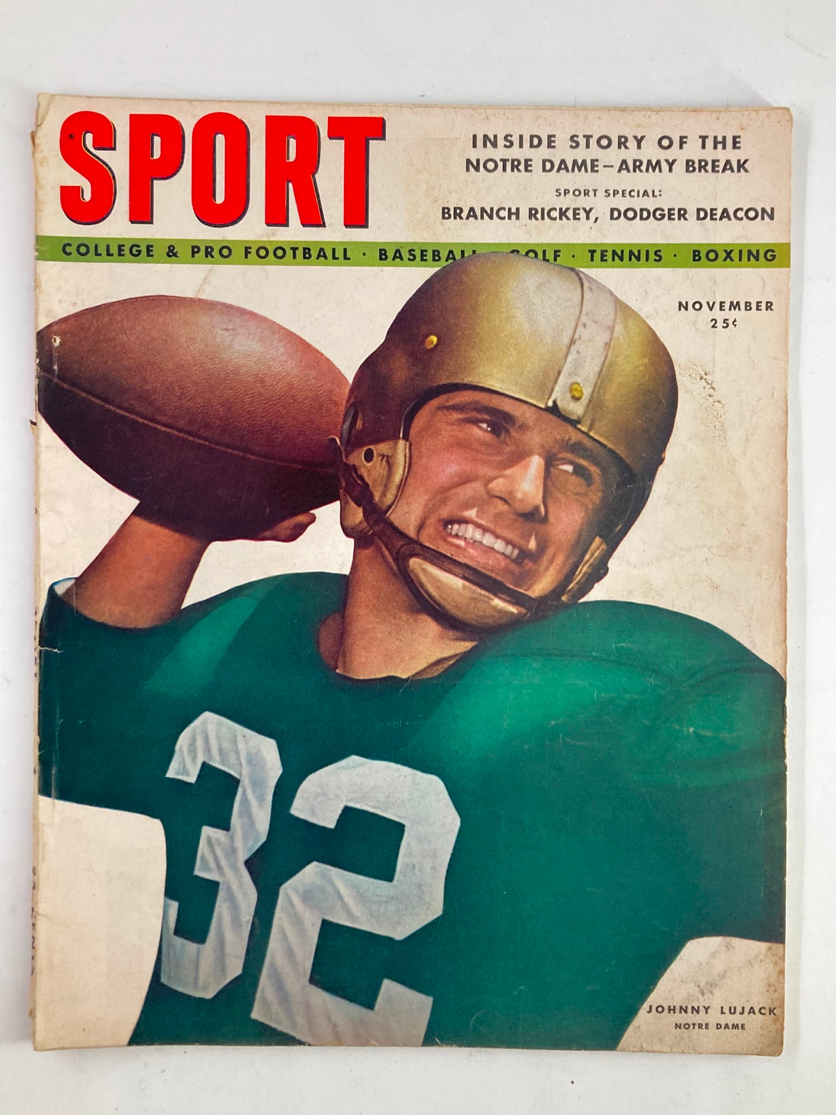 VTG Sport Magazine November 1947 Vol 3 #5 featuring Johnny Lujack on the cover, showcasing a college football player in a green jersey and gold helmet, highlighting the era's sports culture.