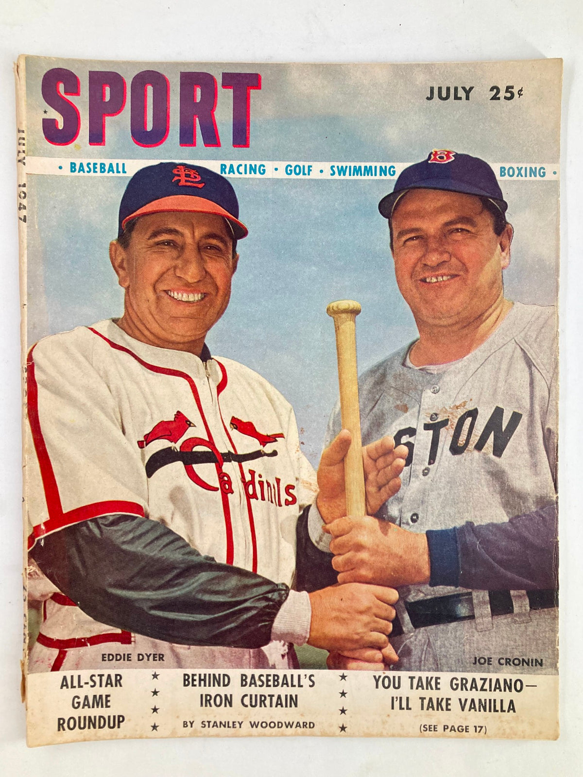 VTG Sport Magazine July 1947 Vol 3 #1 featuring Eddie Dyer and Joe Cronin on the cover, showcasing the charm of vintage sports memorabilia.
