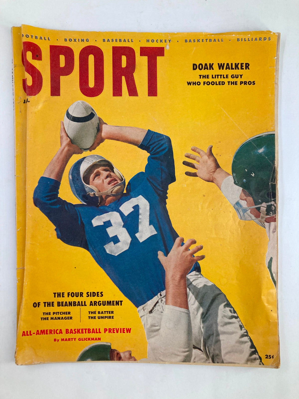 Cover of VTG Sport Magazine January 1956 Vol 21 #1 featuring Doak Walker, a football player, in action, highlighted by a vibrant yellow background and bold red title.