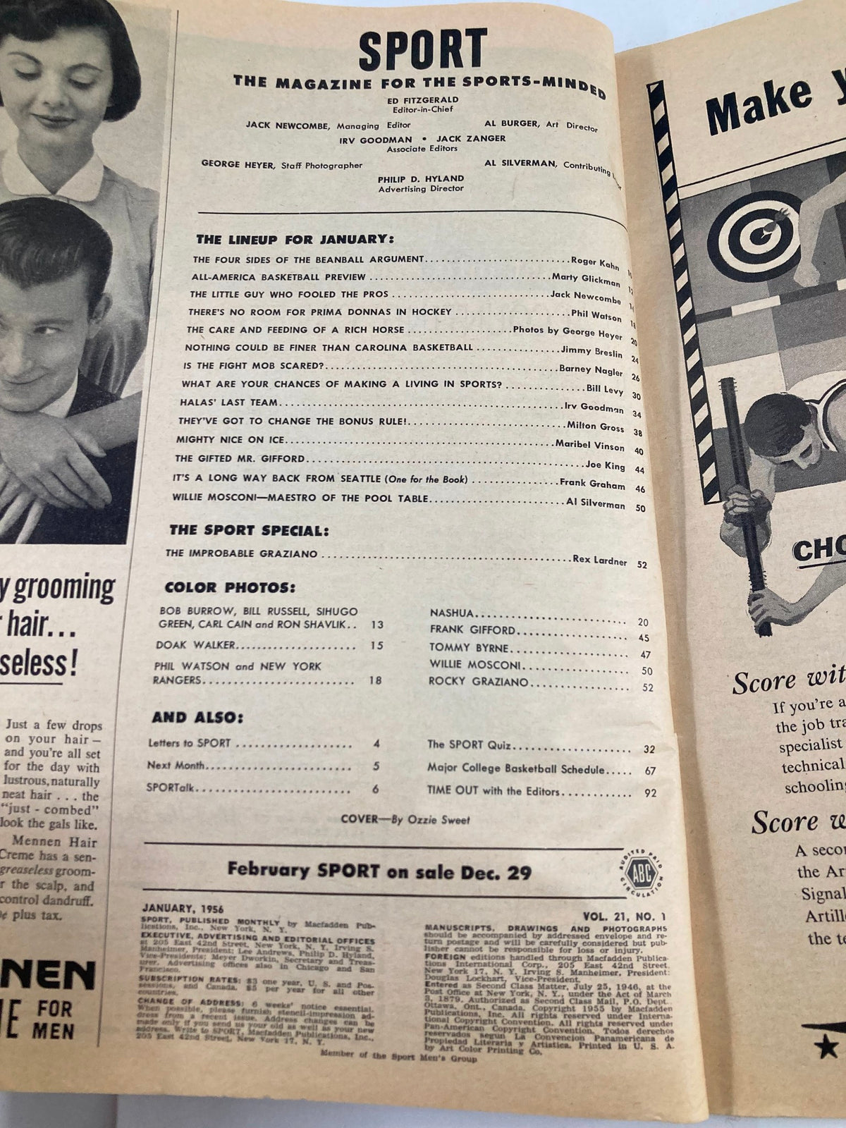 Interior page of VTG Sport Magazine January 1956 Vol 21 #1 outlining various articles and features, showcasing the magazine's layout and content.