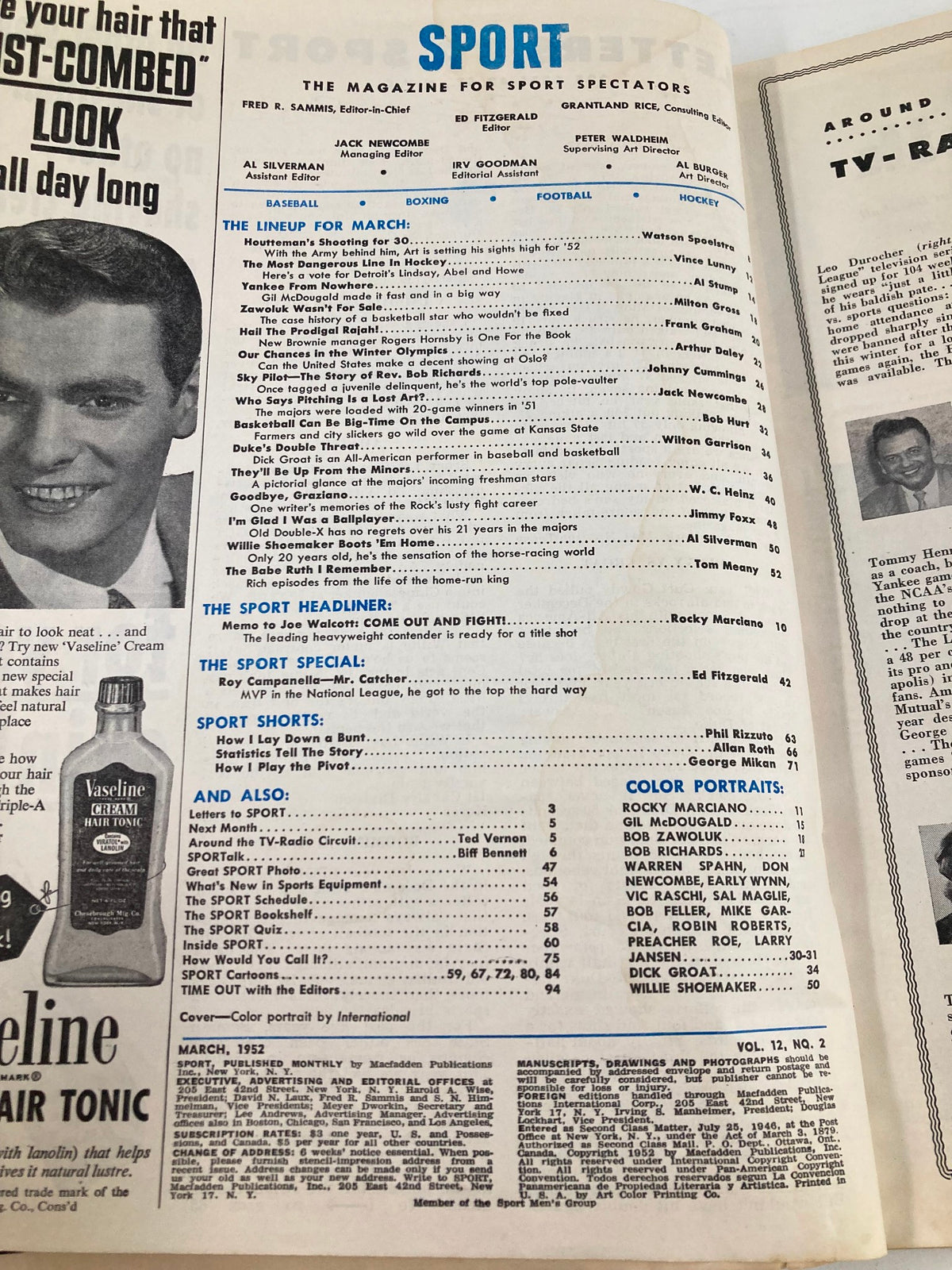 Inside page of the VTG Sport Magazine March 1952 displaying the table of contents, highlighting various sports articles and features.