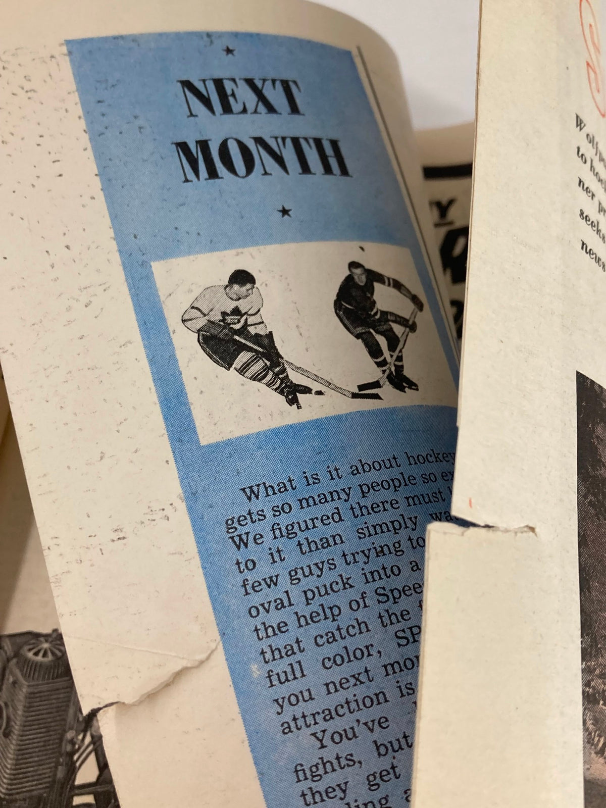 VTG Sport Magazine January 1948 Ralph Beard and Arnold Ferrin - Page displaying 'Next Month' feature with a preview of hockey players in action, highlighting upcoming sports coverage.