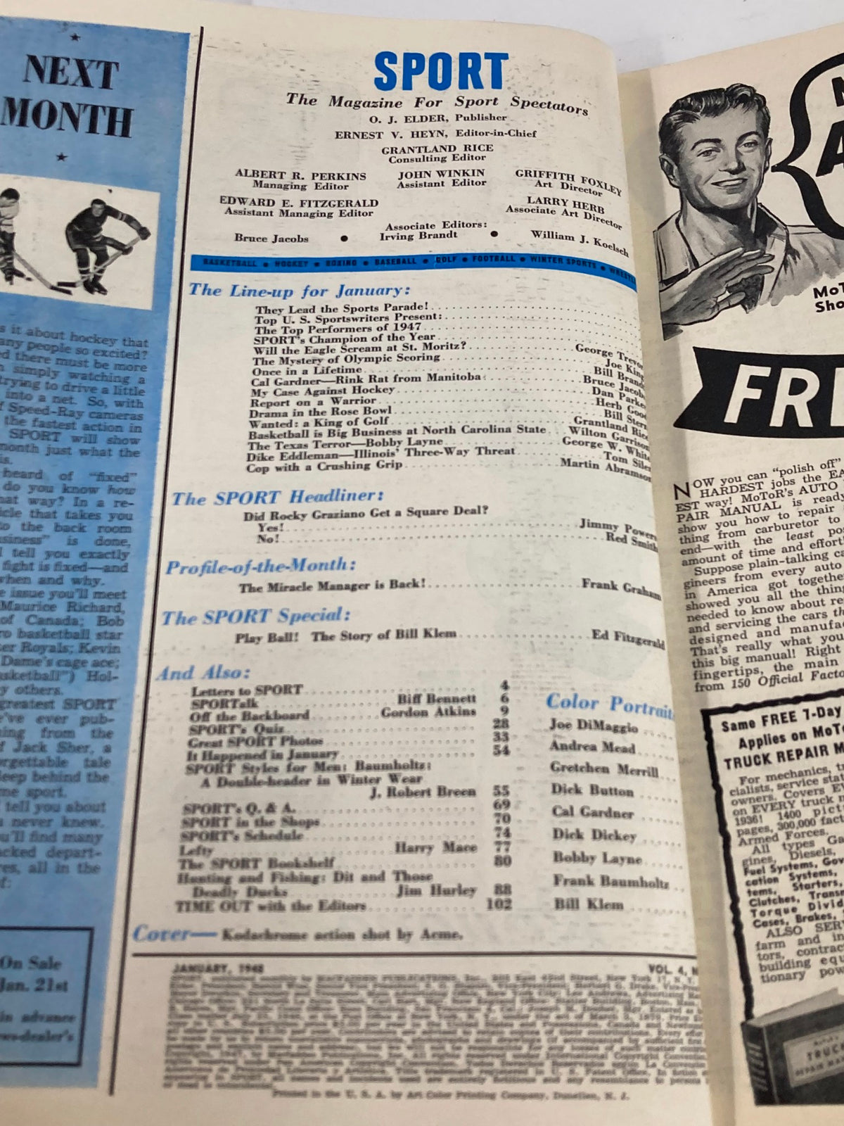 VTG Sport Magazine January 1948 Ralph Beard and Arnold Ferrin - Content page listing articles and profiles including notable sports figures, providing an overview of the magazine's features.