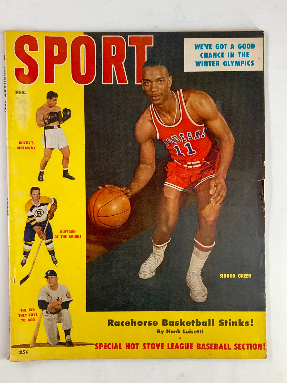 Vintage VTG Sport Magazine February 1956 Volume 21 cover featuring basketball player Sihugo Green with text highlighting sports events and notable articles.
